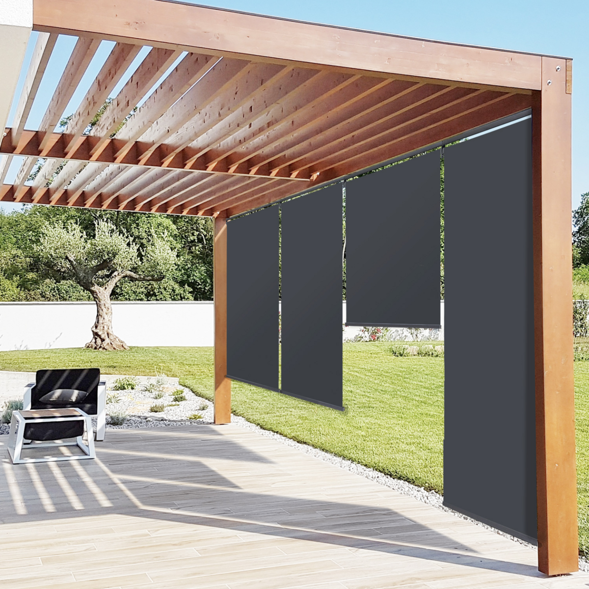 ID MARKET Lot de 3 stores enrouleurs L.124 x H. 225 CM pour pergola gris anthracite