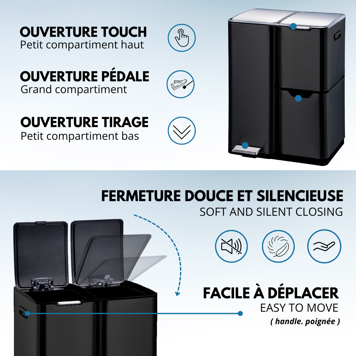 Kitchen move Poubelle de cuisine tri sélectif HAJA Noir Acier inoxydable 60L