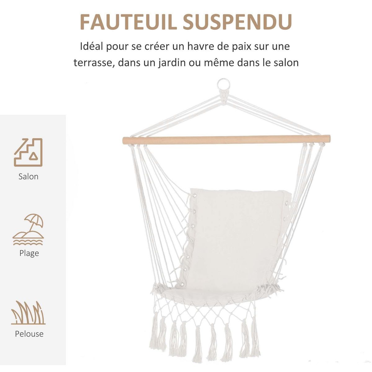 OUTSUNNY Chaise suspendue chaise hamac de voyage portable assise dossier rembourrés macramé coton polyester beige