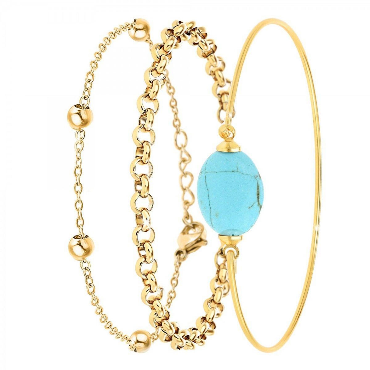 SC BOHEME Lot de 3 bracelets SC Bohème en Laiton Finement doré orné d'une pierre naturelle Turquoise