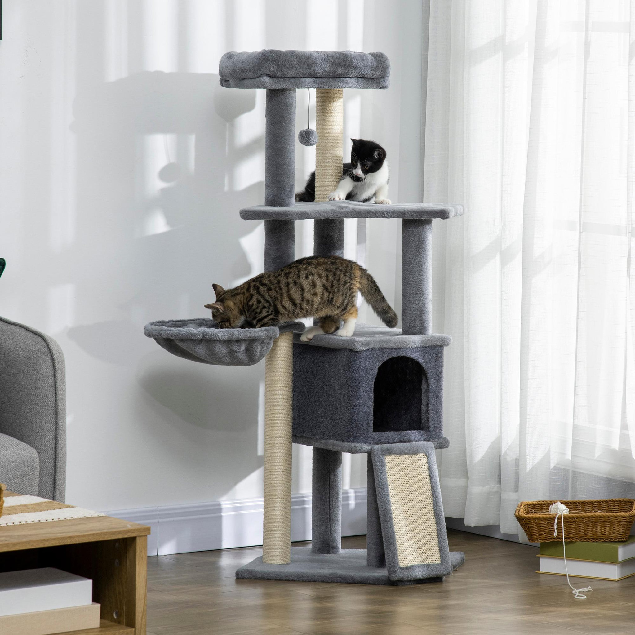 Voir la diapositive 2 : PAWHUT Arbre à chat multi-équipement griffoirs grattoirs plateforme niche hamac jeu boule suspendue gris