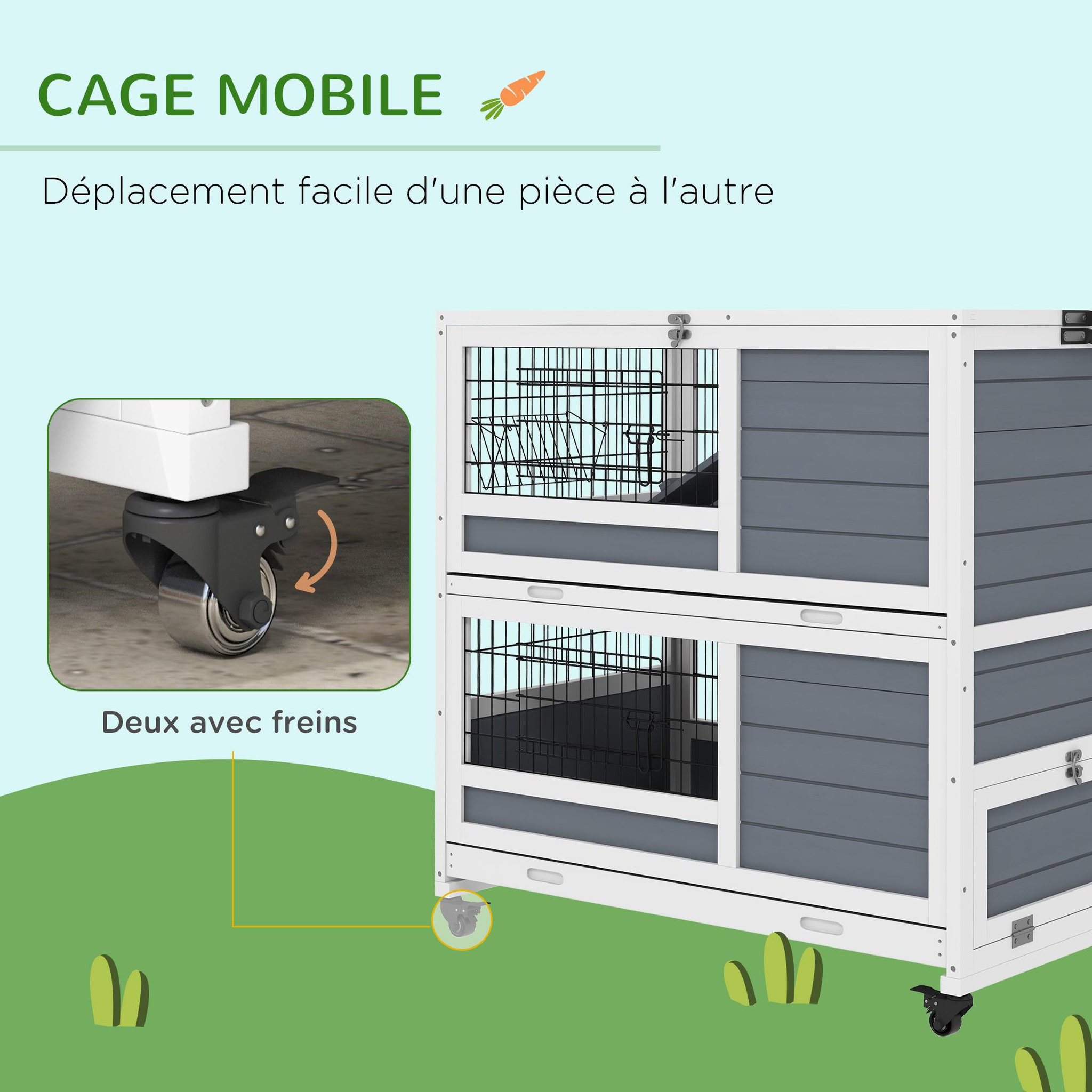 Voir la diapositive 6 : PAWHUT Clapier cage lapin sur roulettes - 2 niveaux, 2 plateaux, 3 portes, rampes - bois sapin gris blanc