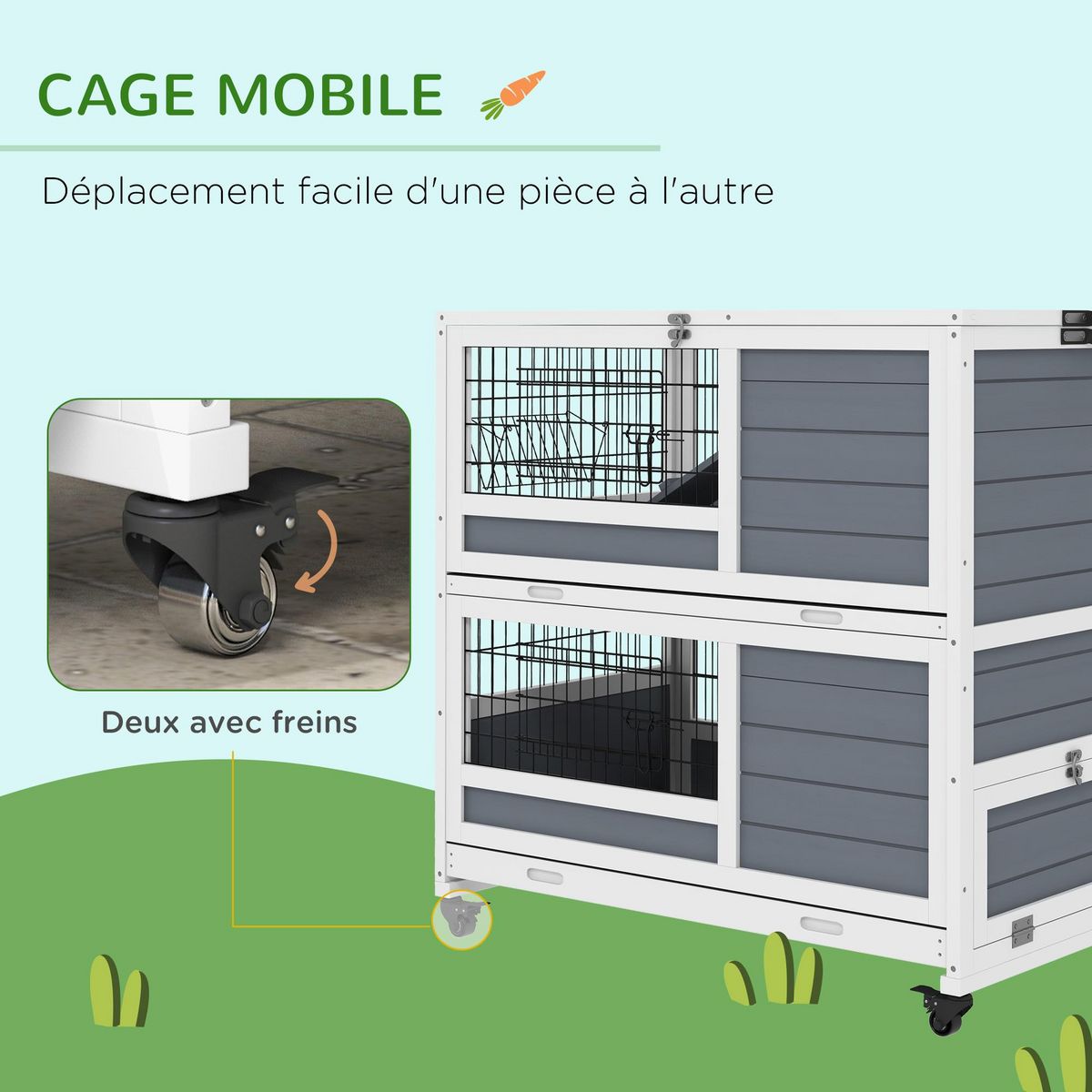 PAWHUT Clapier cage lapin sur roulettes - 2 niveaux, 2 plateaux, 3 portes, rampes - bois sapin gris blanc
