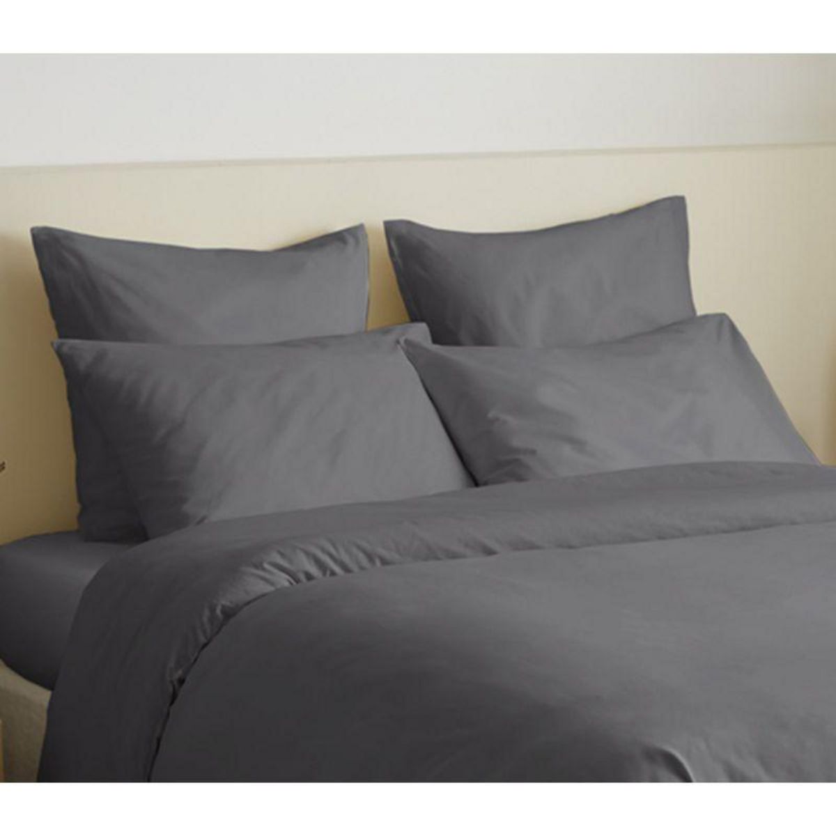 COTON PUR Pack complet 6 pièces unicolore Anthracite housse de couette pour lit 180 x 200 cm  King size