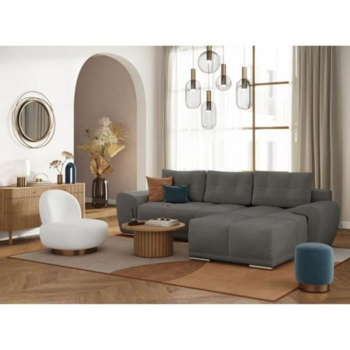 LOUNGITUDE Canapé d'angle droit 4 places convertible CASSANDRA avec coffre en tissu - Gris - L270 x P181 x H89cm - LOUNGITUDE