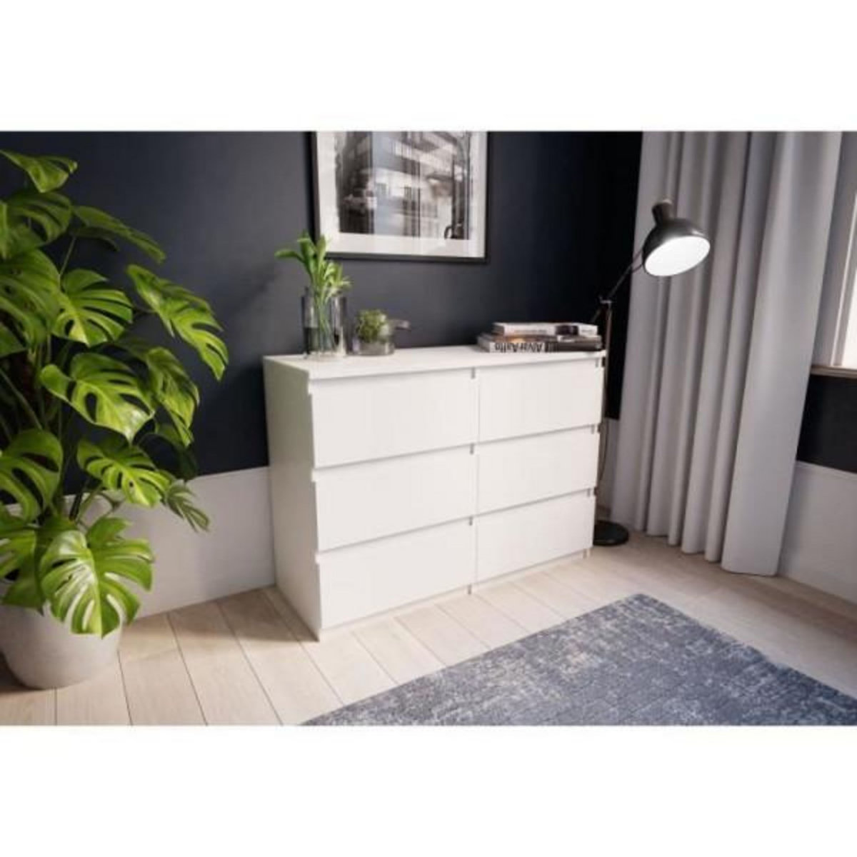 MARKET24 Commode CHELSEA 6 tiroirs - L 110 x P 42 x H 80 - Décor blanc mat