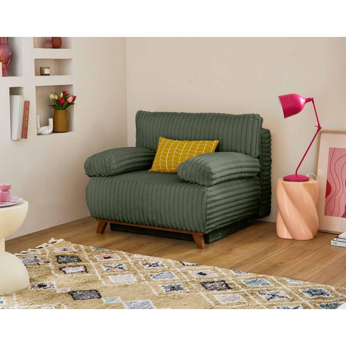 BEST MOBILIER Cristal - fauteuil - convertible avec coffre - en fausse fourrure côtelée