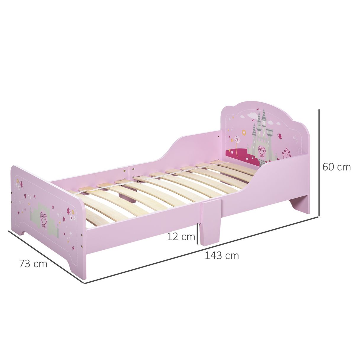 HOMCOM Lit enfant - lit d'enfant design princesse motif château - sommier à lattes inclus - MDF contre-plaqué rose