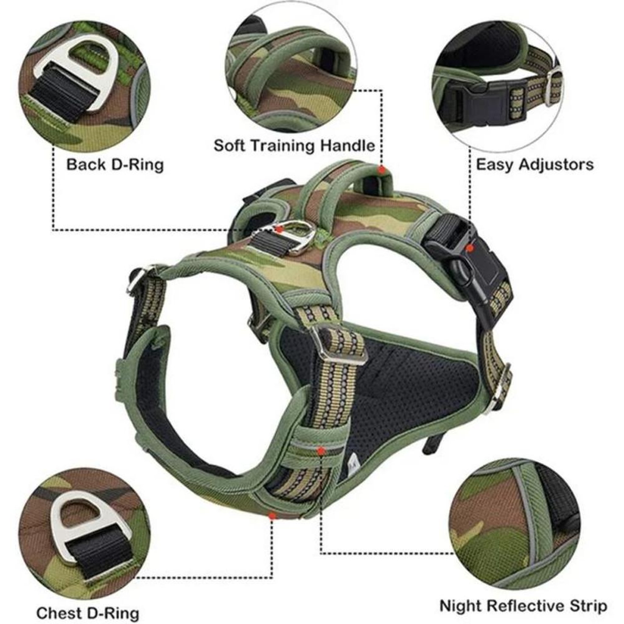 Voir la diapositive 5 : Harnais pour chien taille S vert anti-traction avec poignée de contrôle arrière et bandes réfléchissantes en polyester