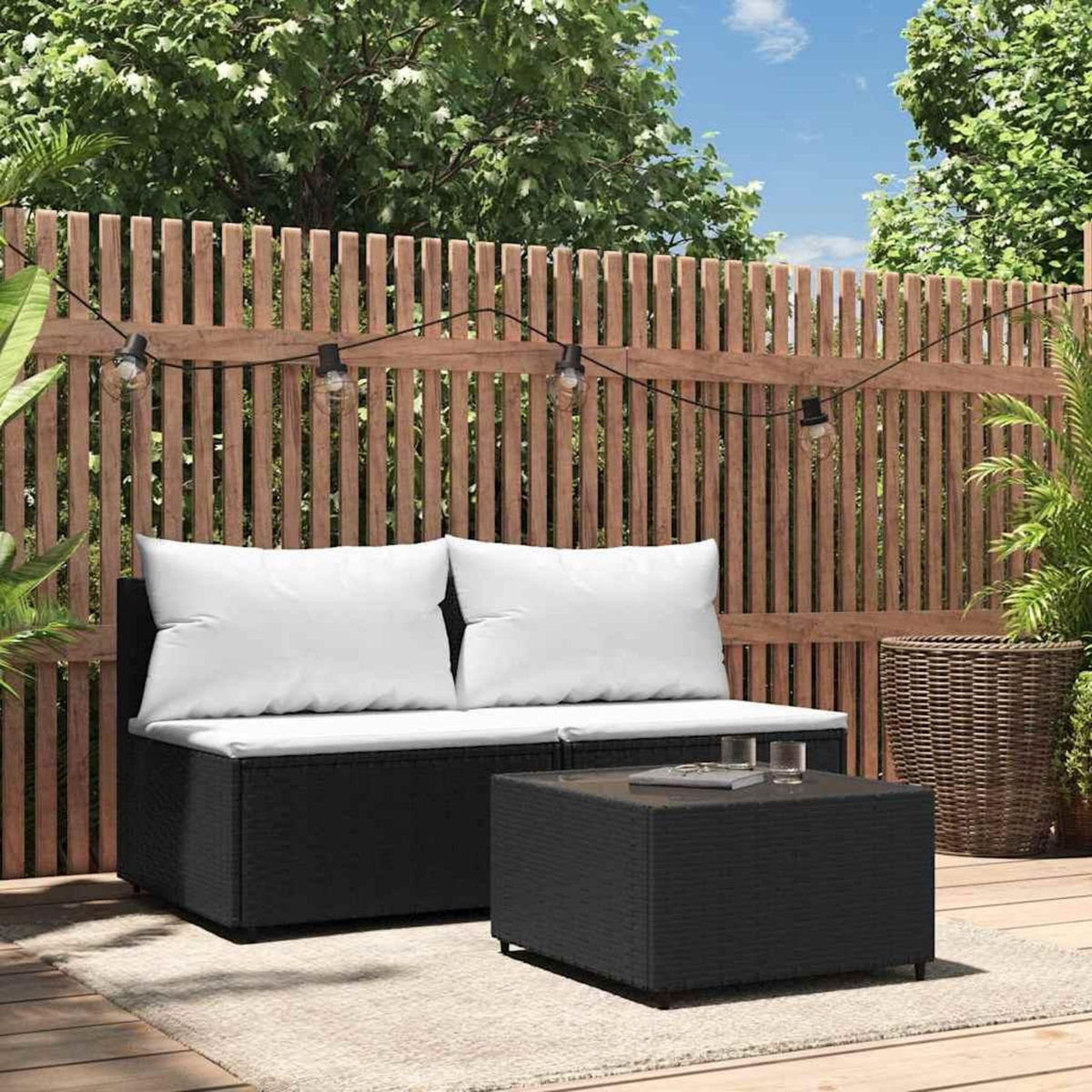 VIDAXL Salon de jardin 3 pcs avec coussins Noir Resine tressee
