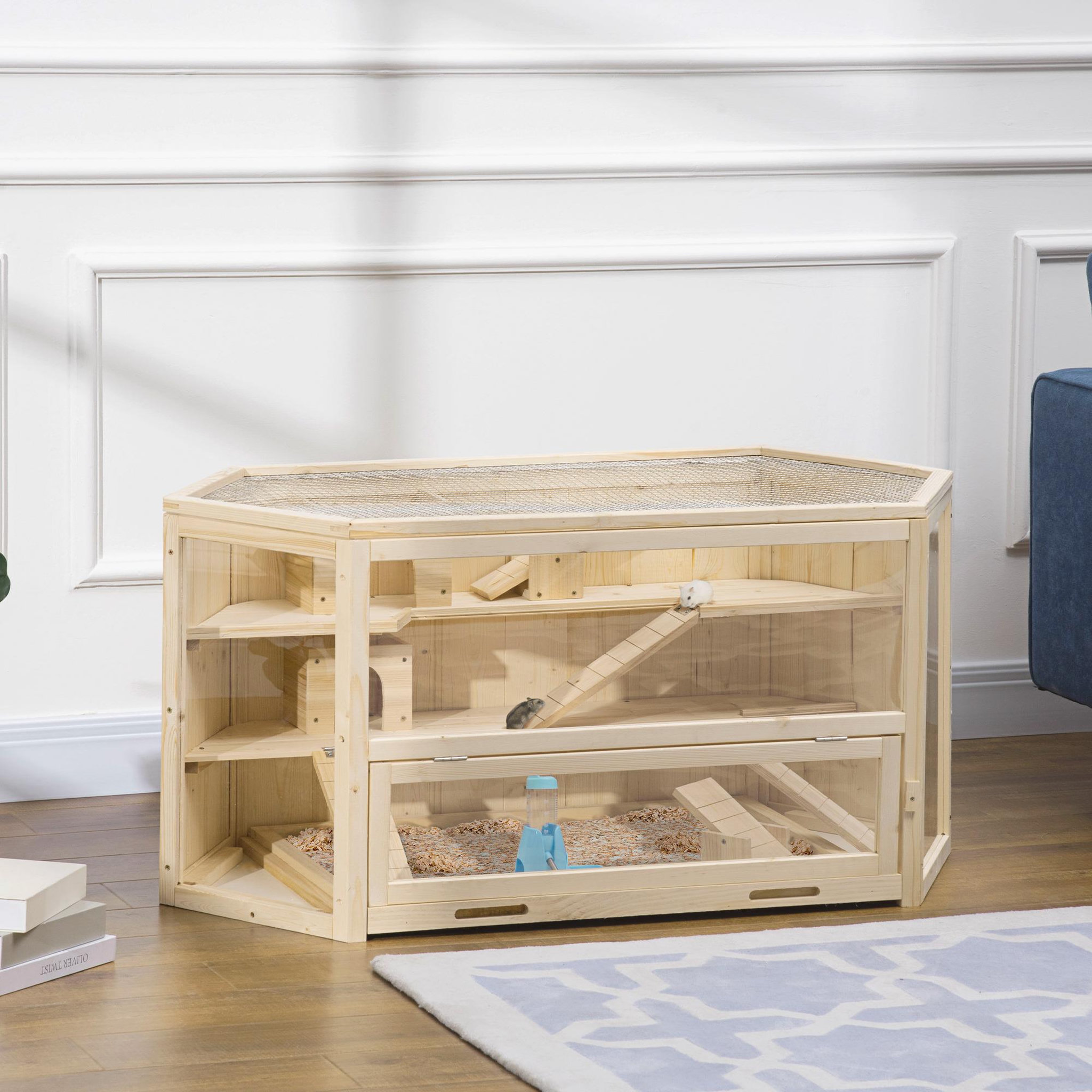 Voir la diapositive 2 : PAWHUT Cage pour hamster 2 étages dim. 115x60x55cm bascules biberon eau fenêtres cabanes toit ouvrable plateau déjection bois
