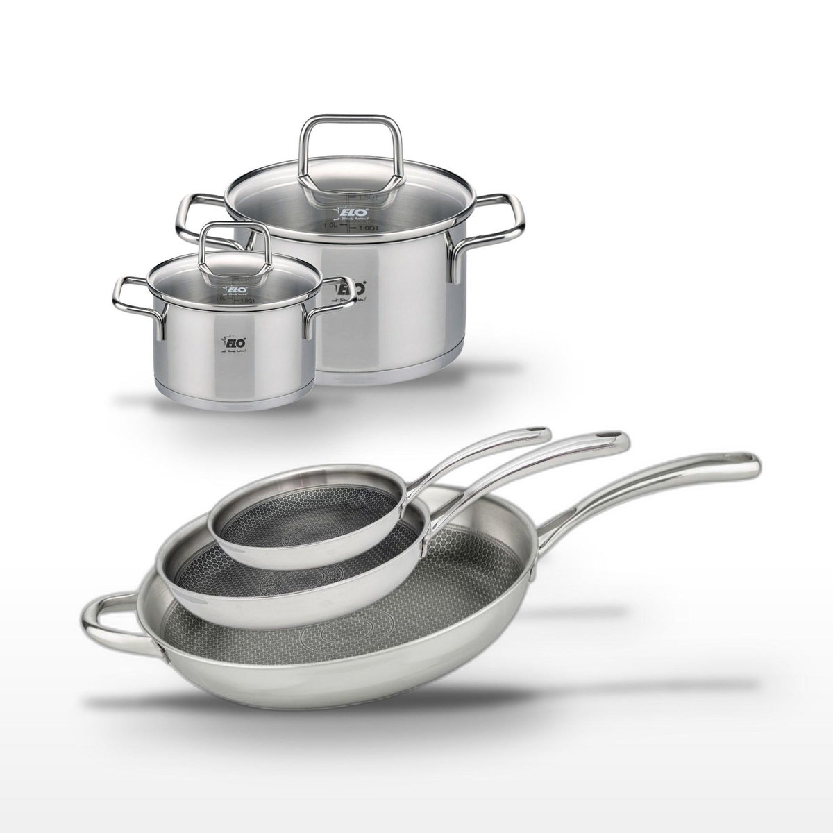 ELO Lot de 3 Poêles Elo Relief Evolution 24/28/32 cm et 2 Faitouts Elo Citrin 14/20 cm