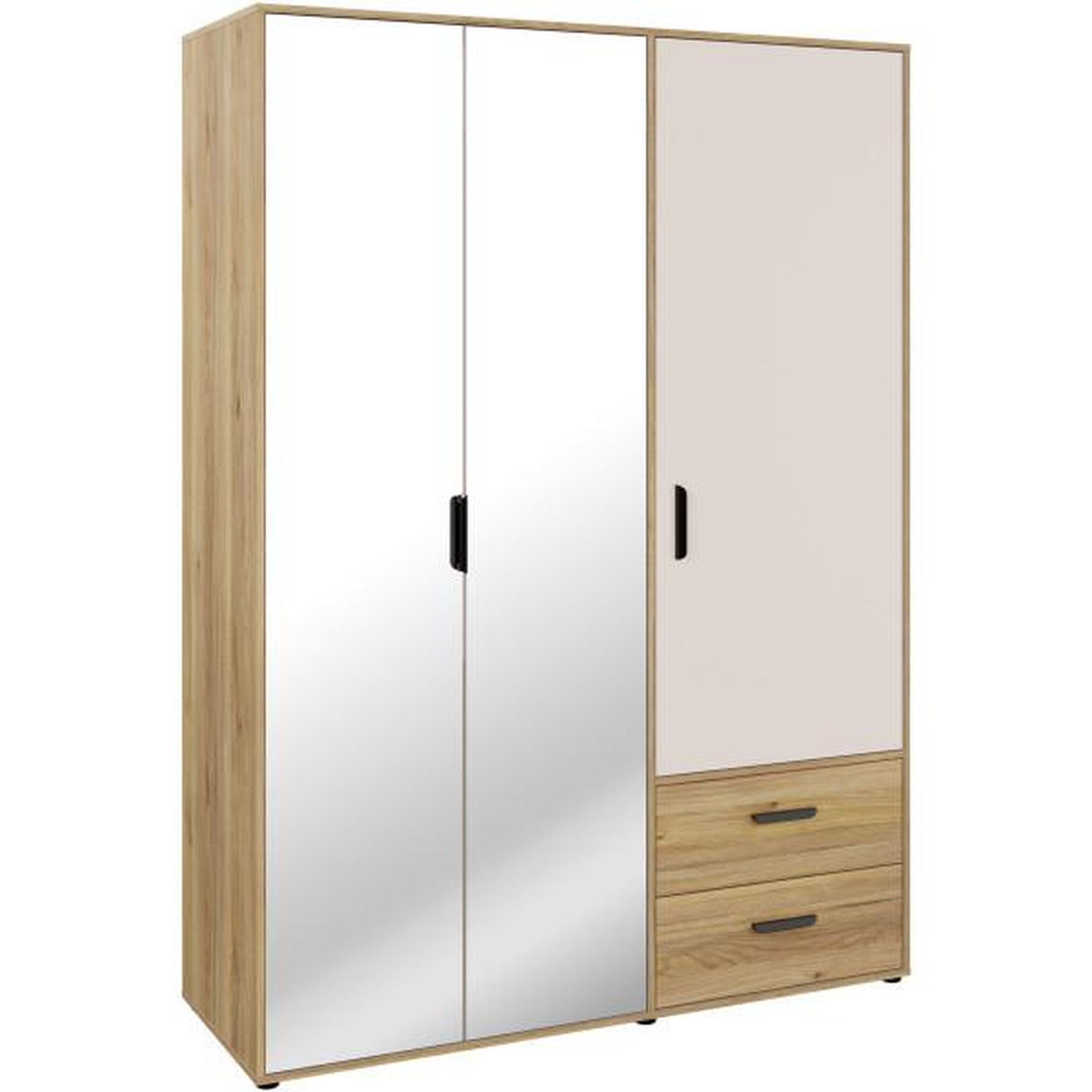 Voir la diapositive 4 : MARKET24 Armoire de chambre - MOKKARO - Décor Chene et sable - 3 portes battantes - 2 tiroirs - 2 miroirs - L144,4 x P52,7 x H200cm