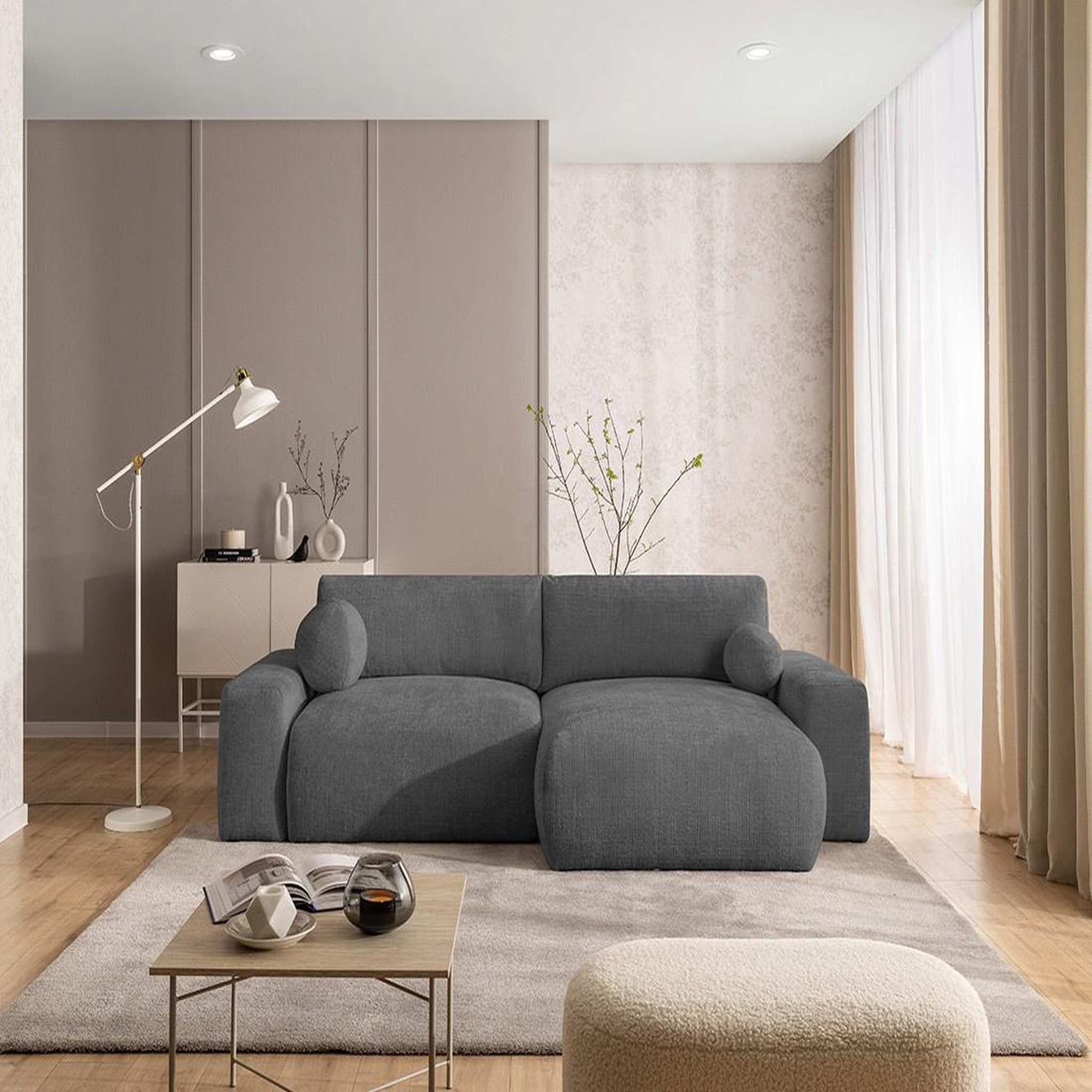 Voir la diapositive 4 : BEST MOBILIER Constance - canapé d'angle réversible 4 places convertible avec coffre en velours texturé