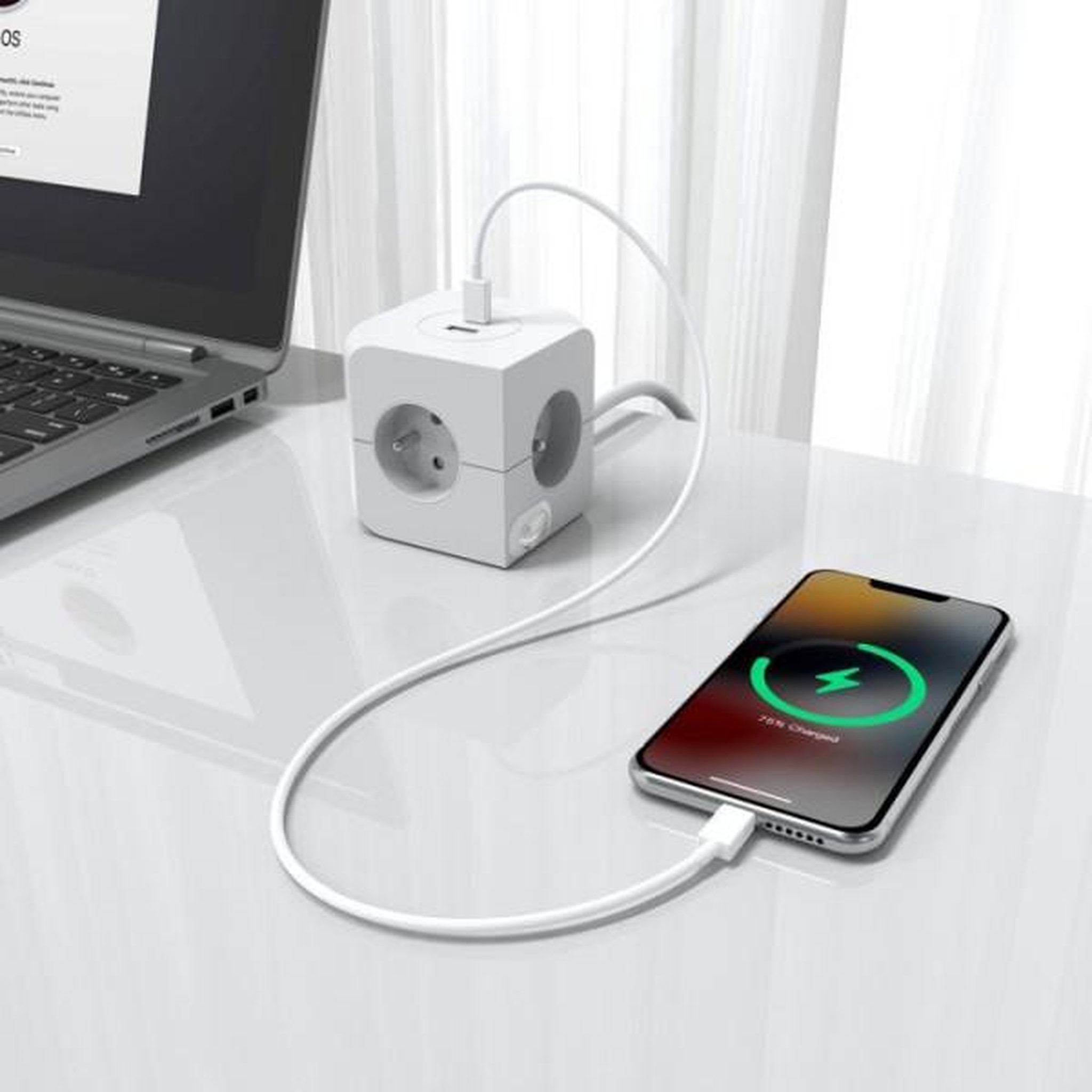 Voir la diapositive 3 : LINK2HOME Cube multiprise avec double port usb - link2home - 4 prises secteur 16a - 2 ports usb - 3680 w max - blanc