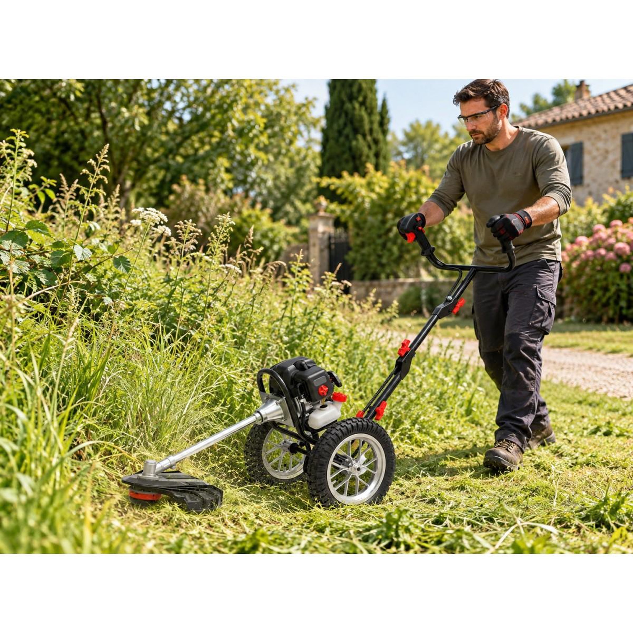 Voir la diapositive 4 : BY TONINO LAMBORGHINI GARDEN MACHINERY Débroussailleuse Thermique à Roues Essence 51.7Cm3 2,9CV Coupe 42cm Anti vibrations Démarrage facile Guidon pliable Lamborghini