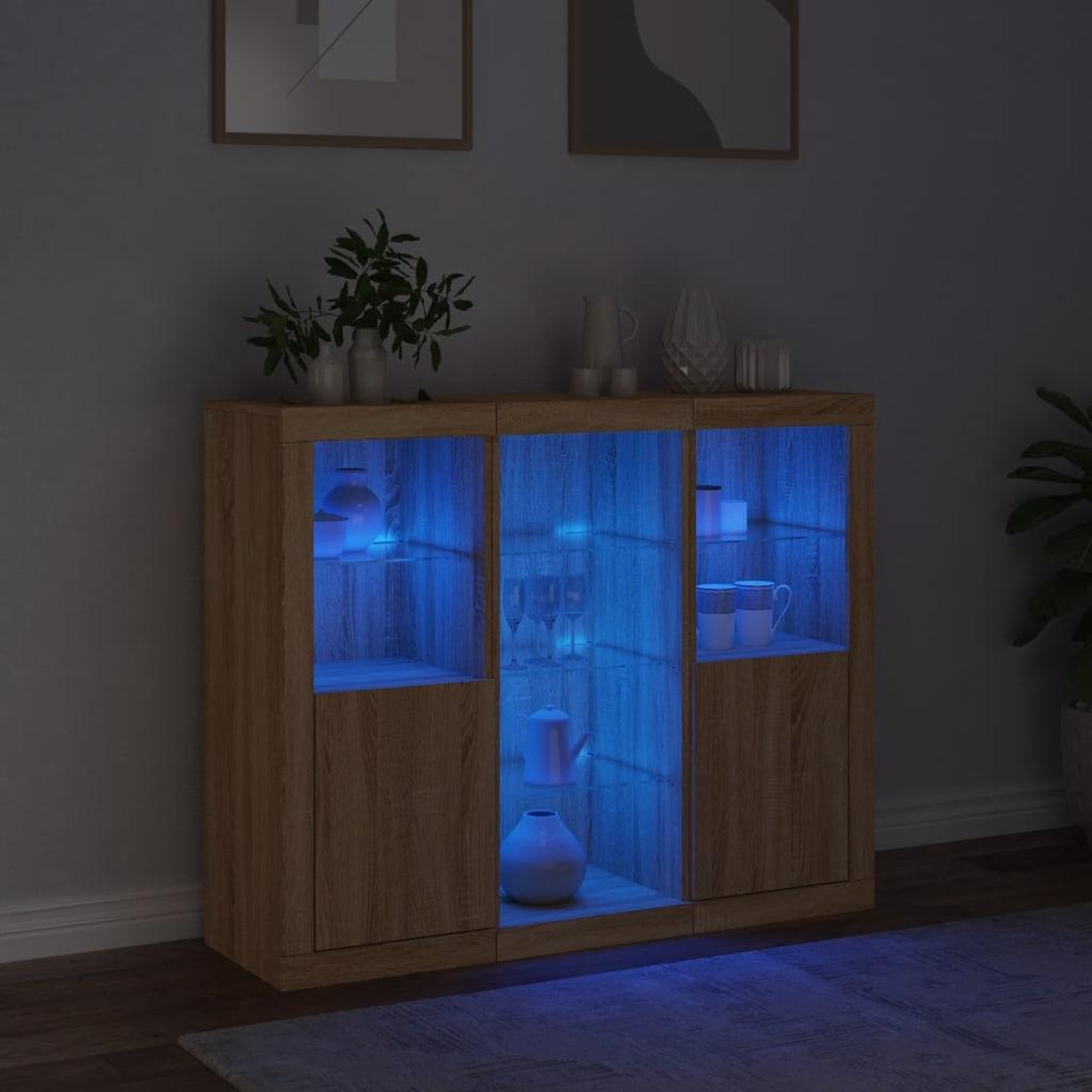 Voir la diapositive 3 : VIDAXL Buffets avec lumieres LED 3 pcs chene sonoma bois d'ingenierie