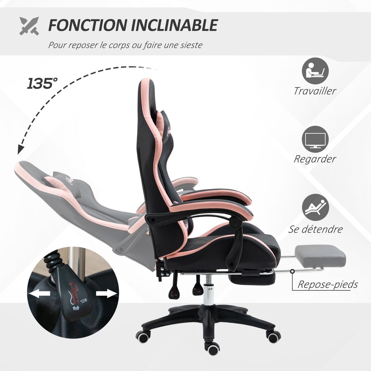 VINSETTO Chaise gaming - chaise de bureau gamer inclinable réglable repose-pieds rétractable coussins synthétique noir rose