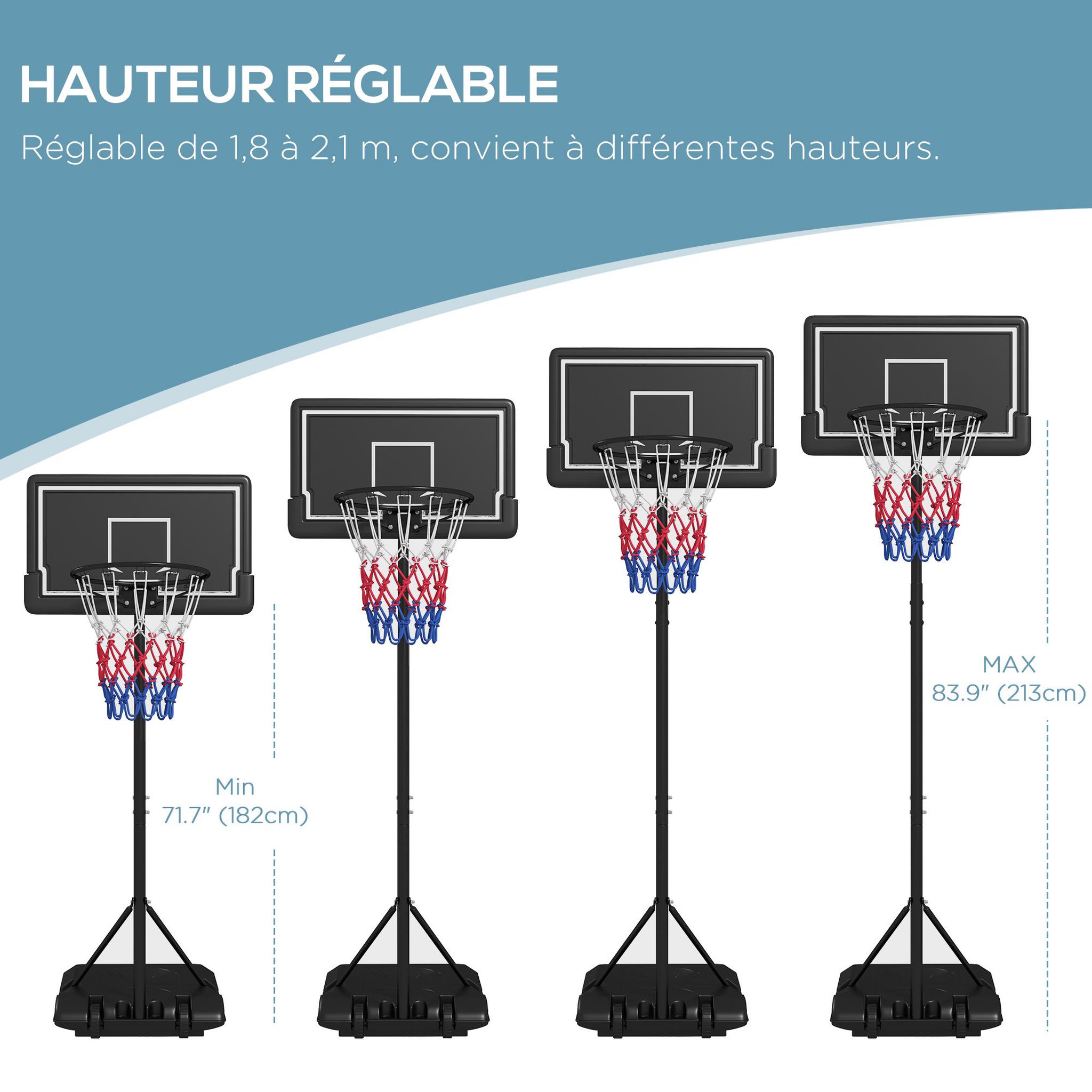 Voir la diapositive 4 : HOMCOM Panier de basketball sur pied hauteur réglable h.182-213/220-250 cm lestage roulettes noir