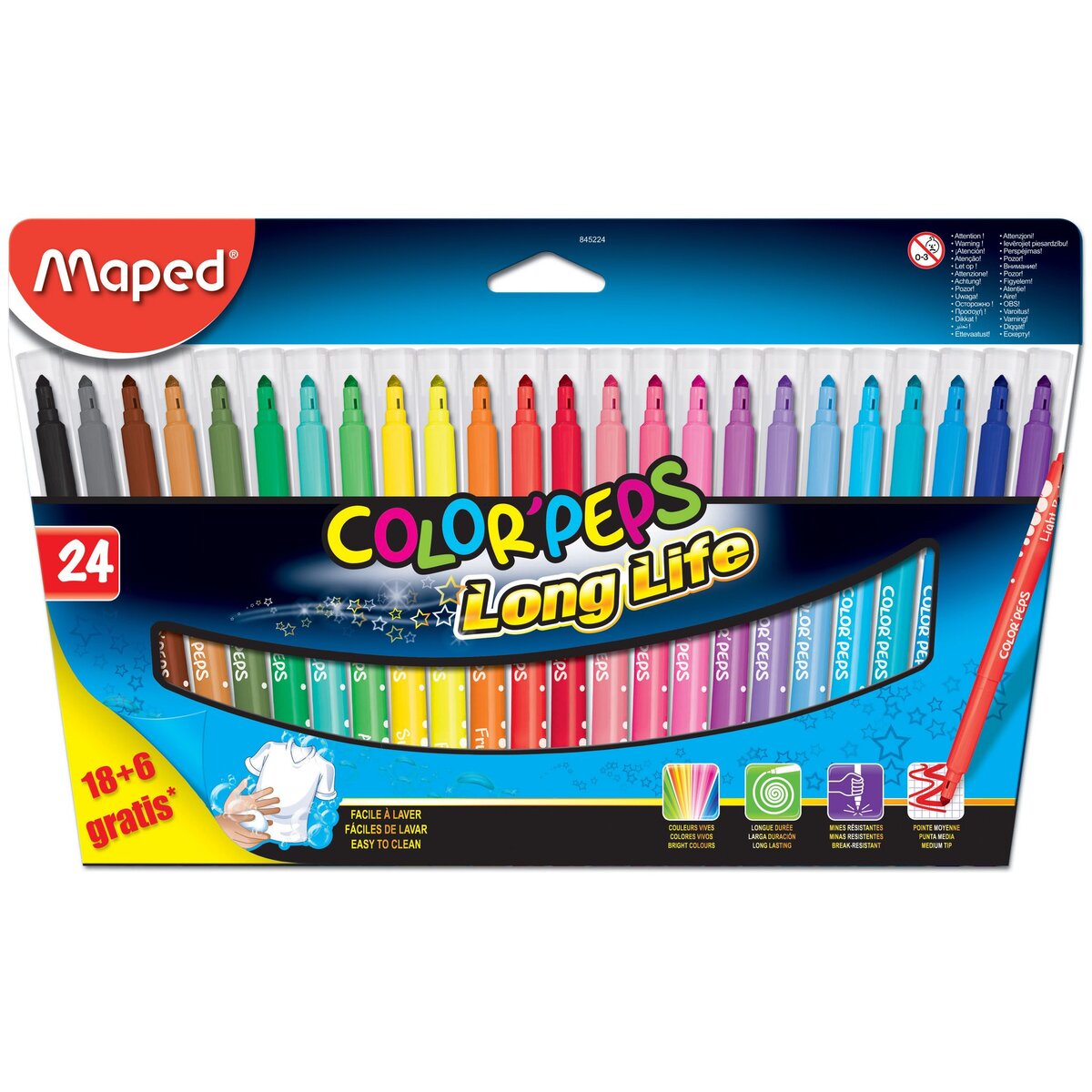 MAPED  Boite de 18+6 feutres de coloriage lavables pointe moyenne Color'Peps long life