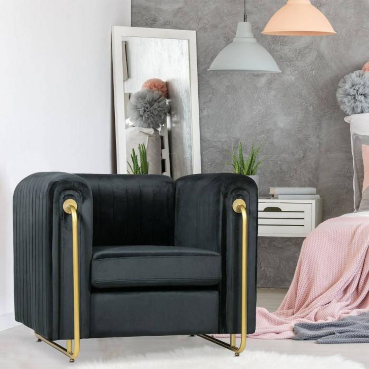 Paris Prix Fauteuil Art Déco en Velours  Wardde  93cm Noir