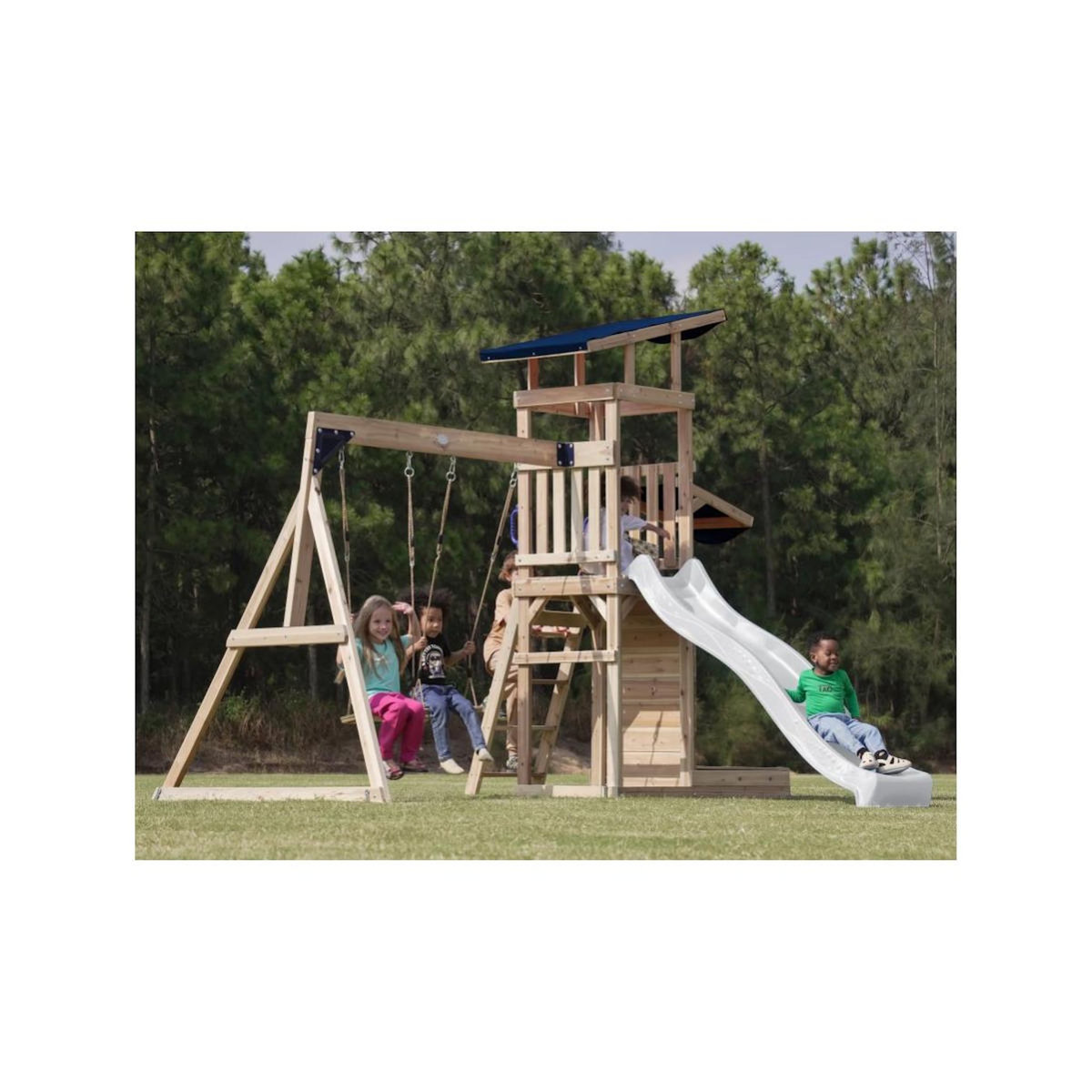 Axi House Portique Malik 2 balançoires + mur toboggan blanc