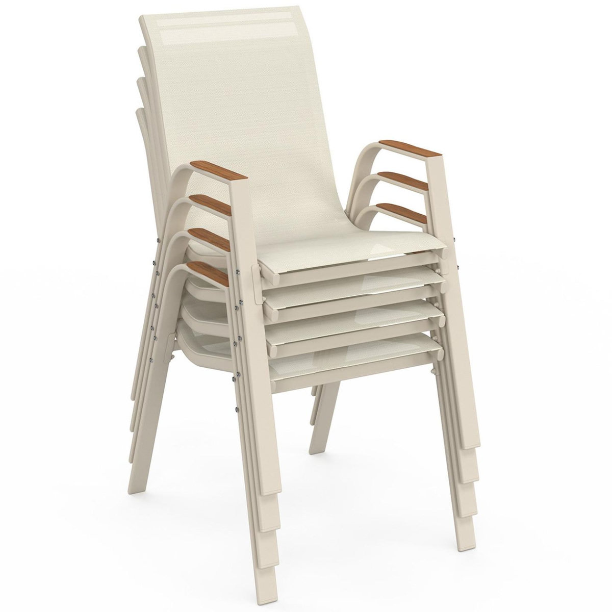 ID MARKET Salon de jardin NOUMEA table 190 cm plateau verre trempé effet bois et 8 chaises empilables beige et bois