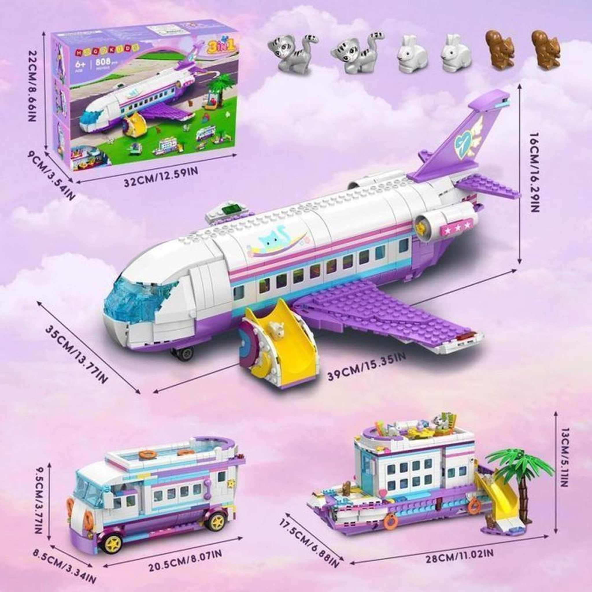 Voir la diapositive 2 : Jeu de construction 3-en-1 808 pièces avion, bateau ou camping-car avec 6 figurines animales, couleur violette