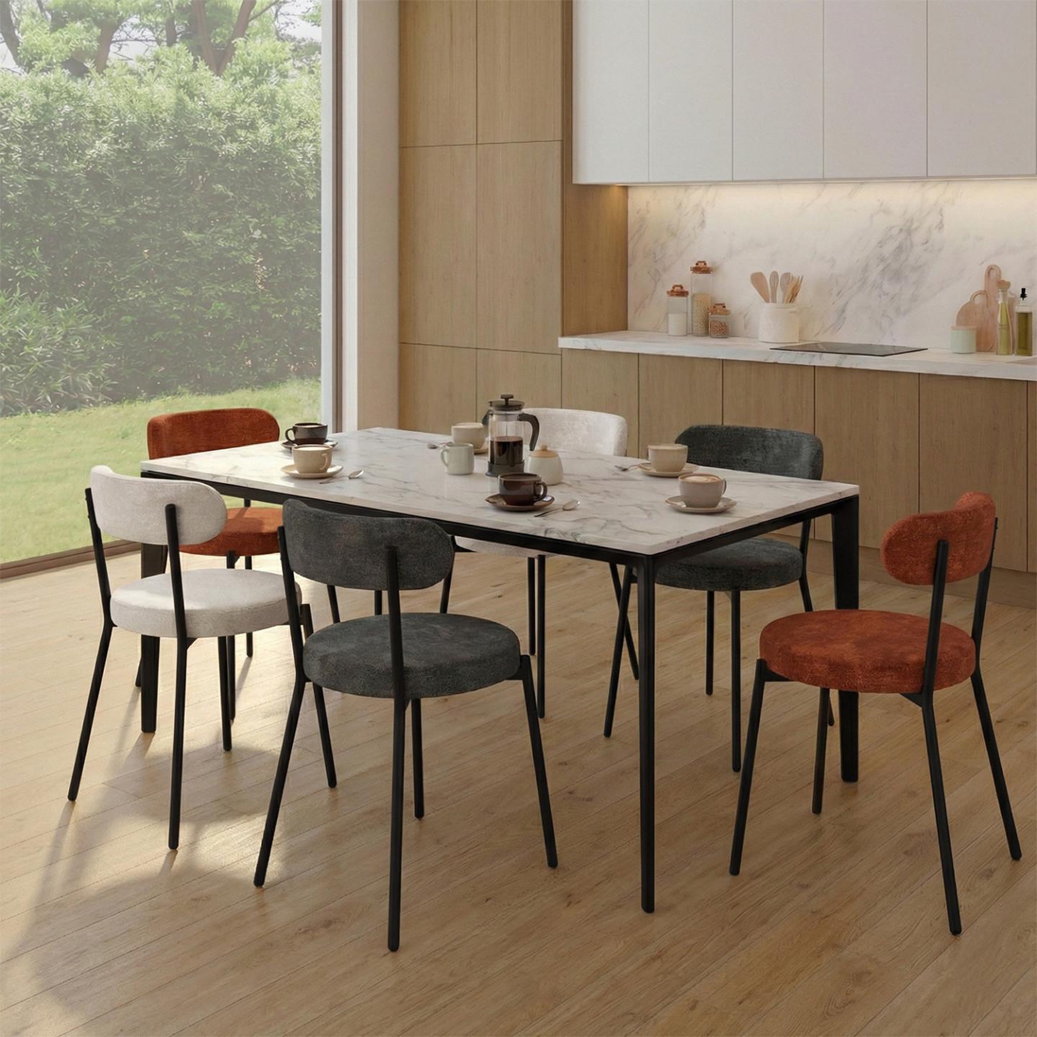 Voir la diapositive 2 : ID MARKET Lot de 6 chaises miki dossier incurvé en tissu chenille mix color terracotta x2, écru x2, gris foncé x2 pieds en métal noir