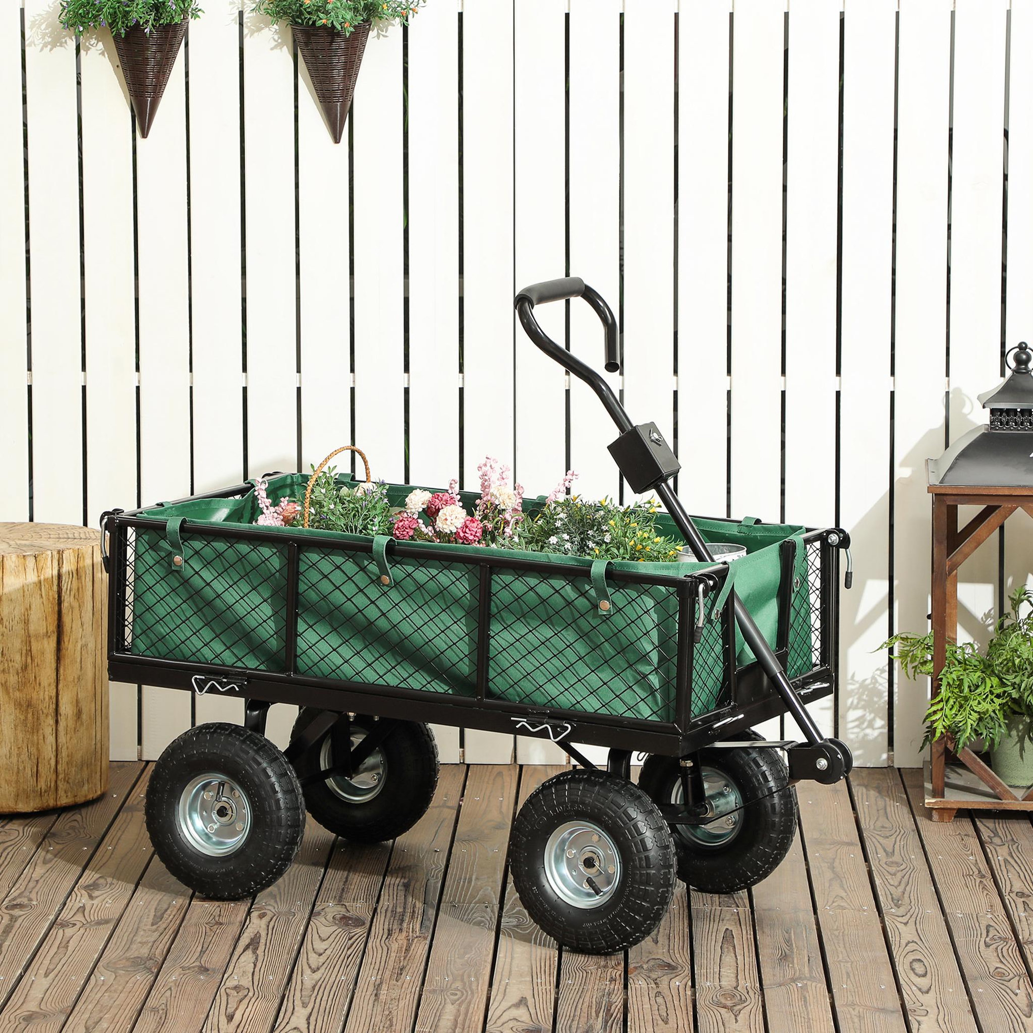 Voir la diapositive 6 : OUTSUNNY Chariot de jardin en acier - chariot de transport - côtés amovibles, poignée rotative - max. 300 Kg - vert