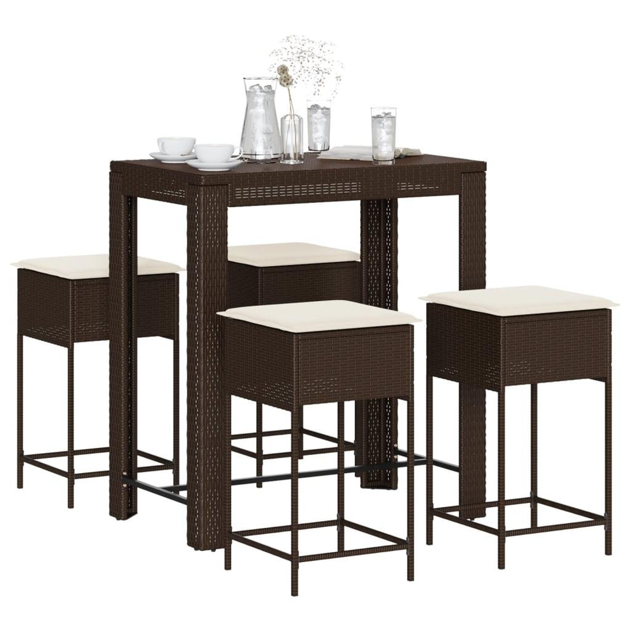 VIDAXL Ensemble de bar de jardin avec coussins 5 pcs marron poly rotin