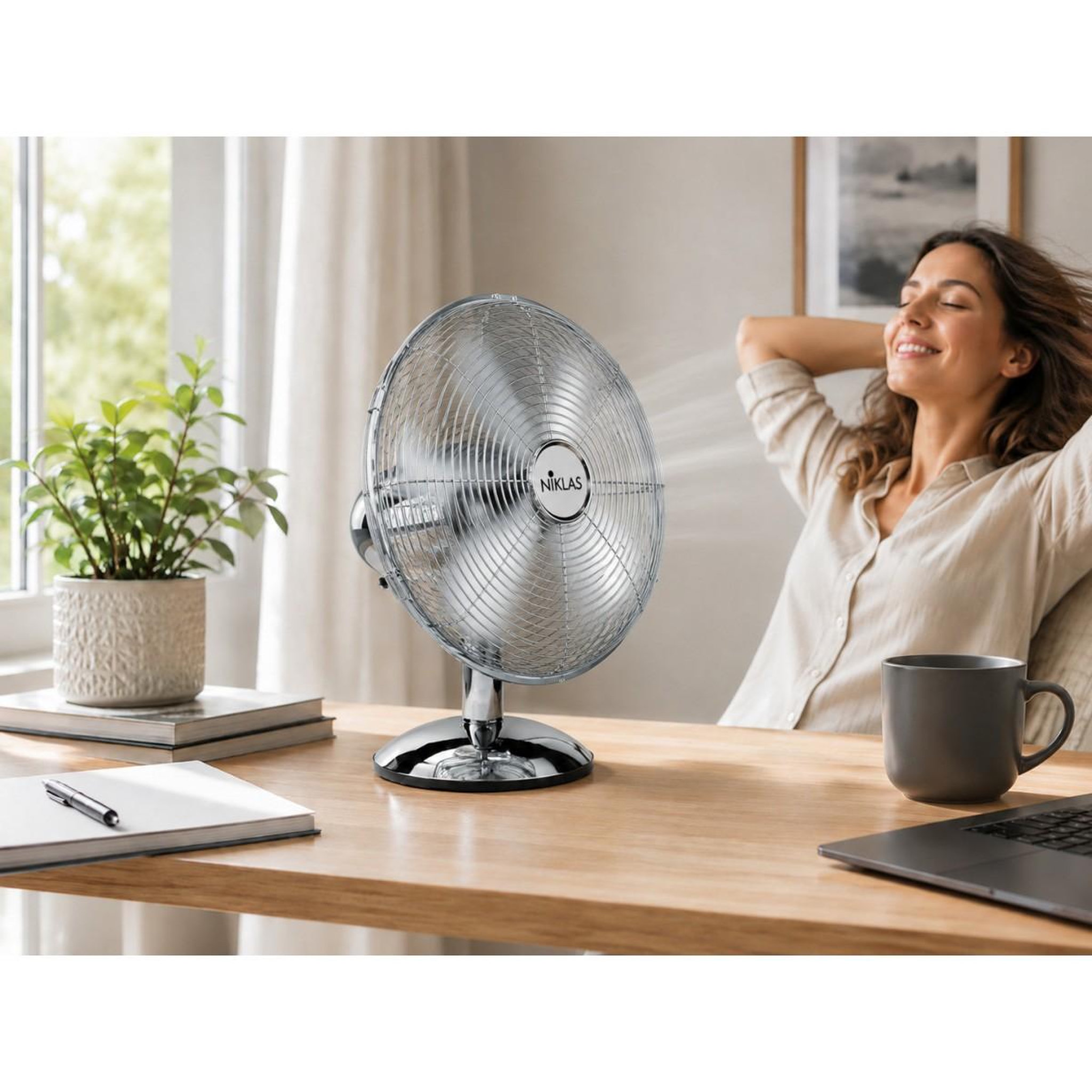 Voir la diapositive 3 : NIKLAS Ventilateur sur table 50w gris finition chromée ø40cm oscillation automatique inclinaison réglable 3 vitesses niklas