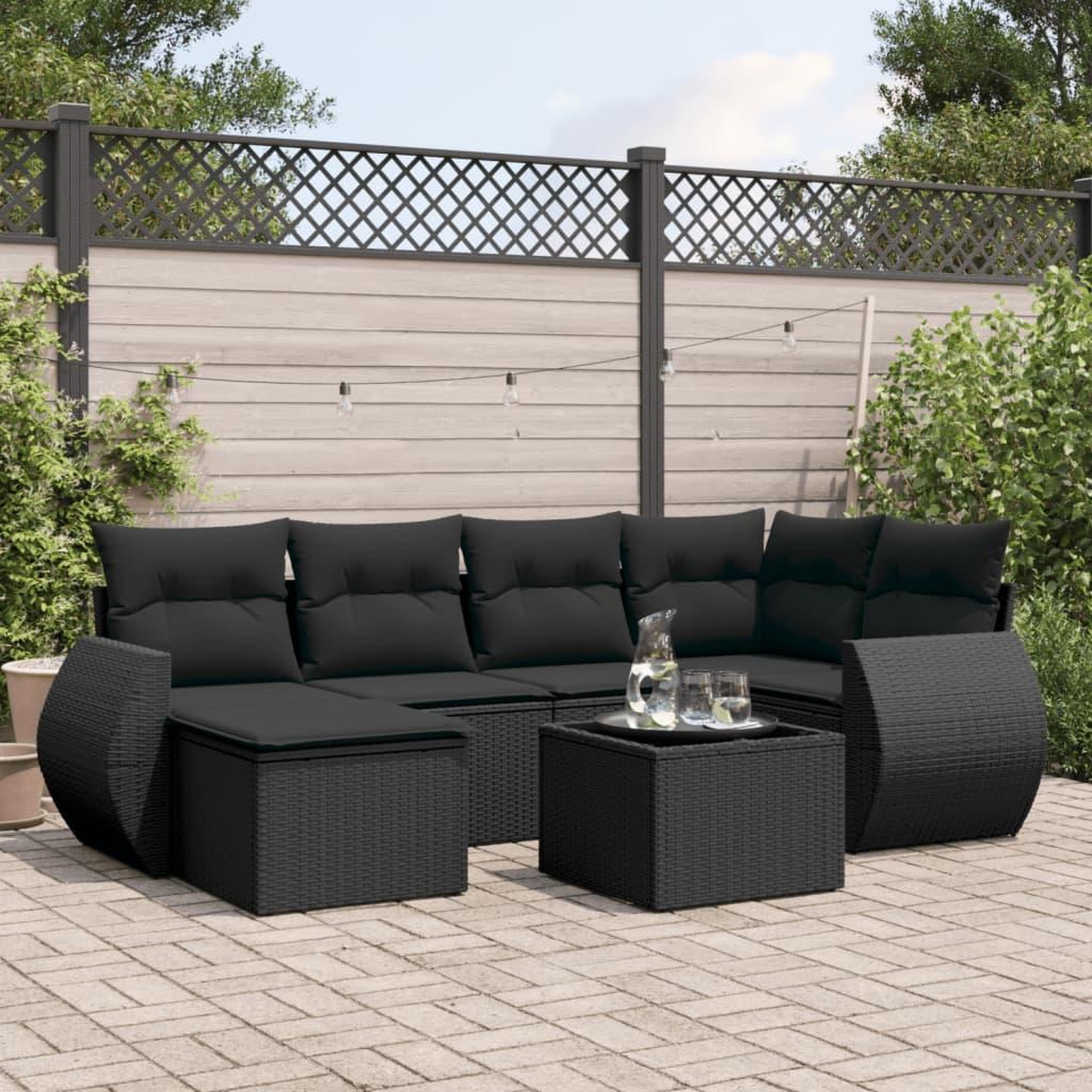 VIDAXL Salon de jardin 7 pcs avec coussins noir resine tressee