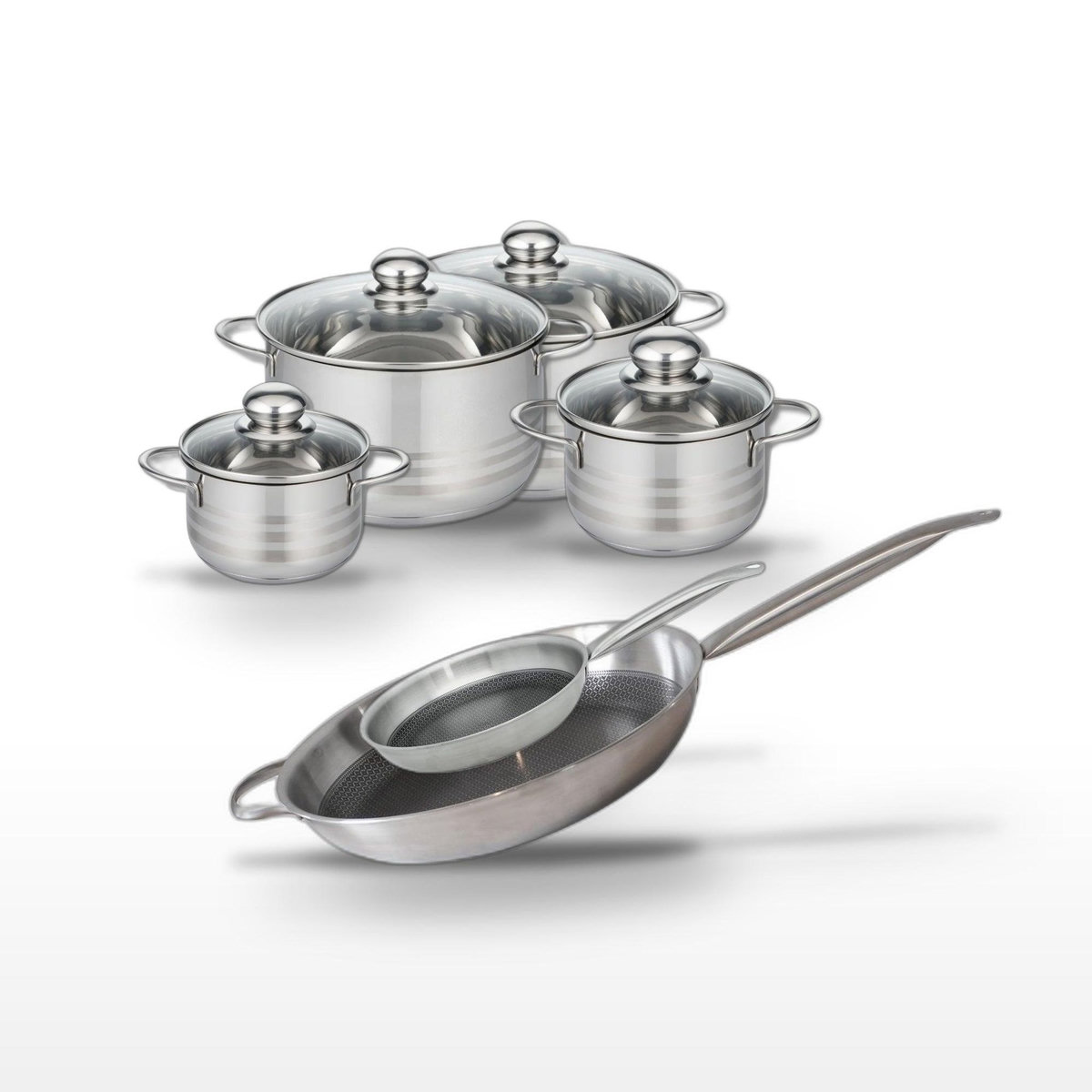 ELO Lot de 2 Poêles 24/32cm et 4 Faitouts 14/16/20/24cm Elo Relief Solution