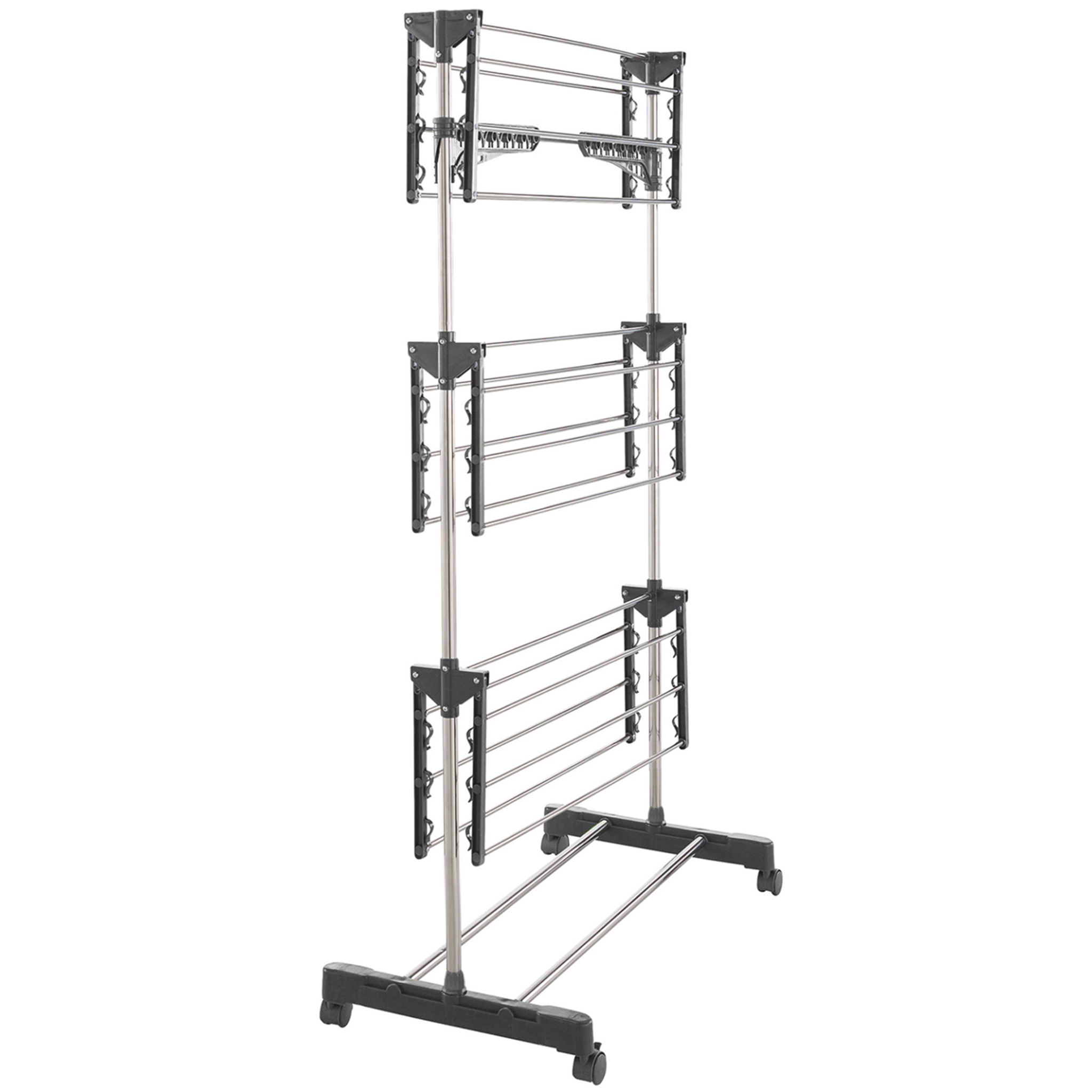 Voir la diapositive 3 : ID MARKET Séchoir à linge vertical pliable 3 niveaux maxima capacité 25m avec cintres et pinces et gris