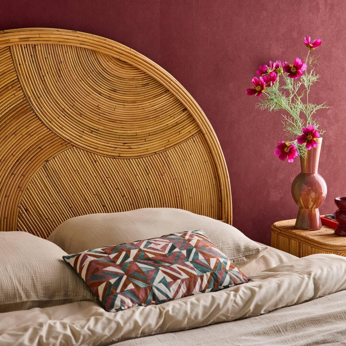 SWEEEK Tête de lit en rotin naturel, bois clair, bohème