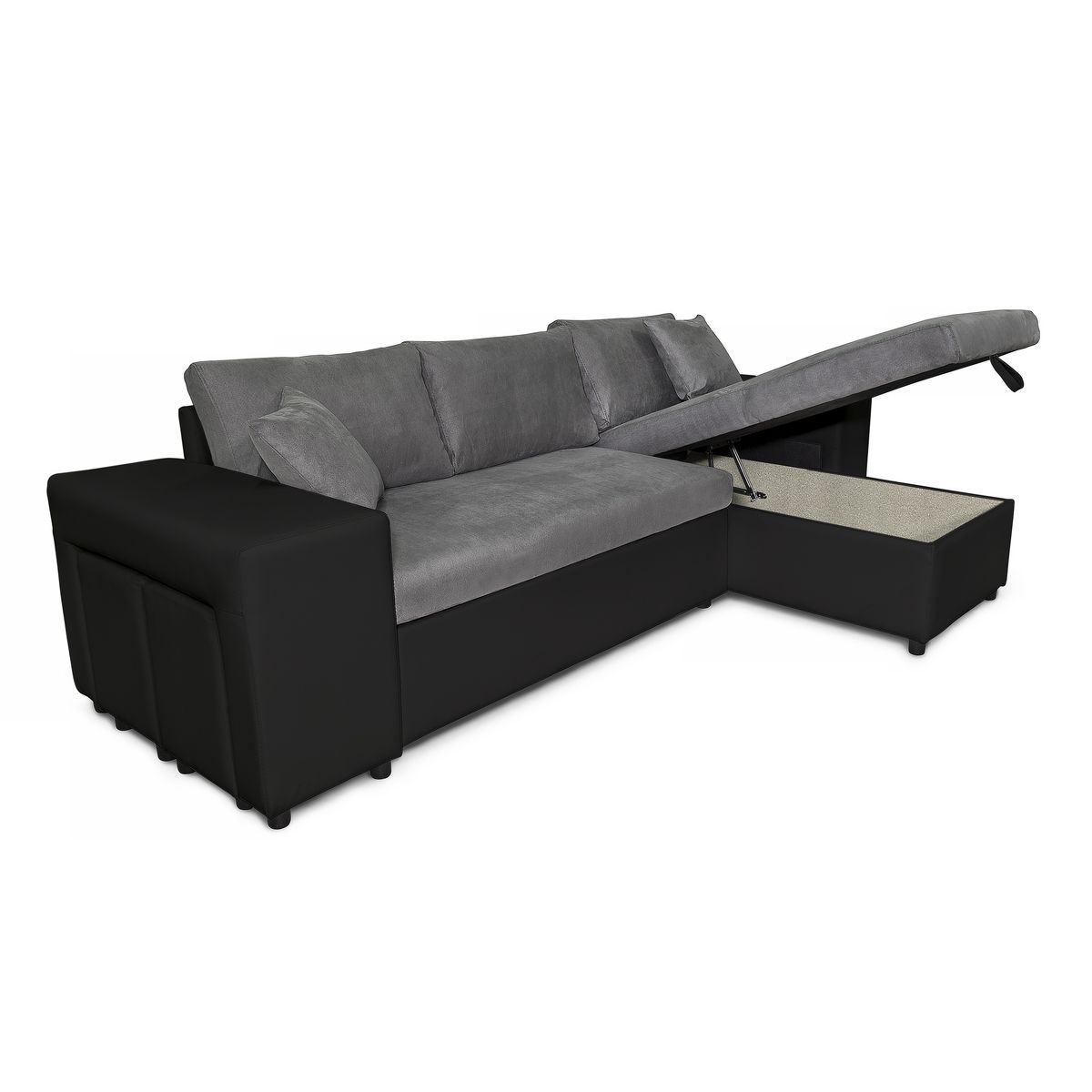 Canapé d'angle convertible avec coffre 3 places + 2 poufs à gauche et étagère à droite  MACHA