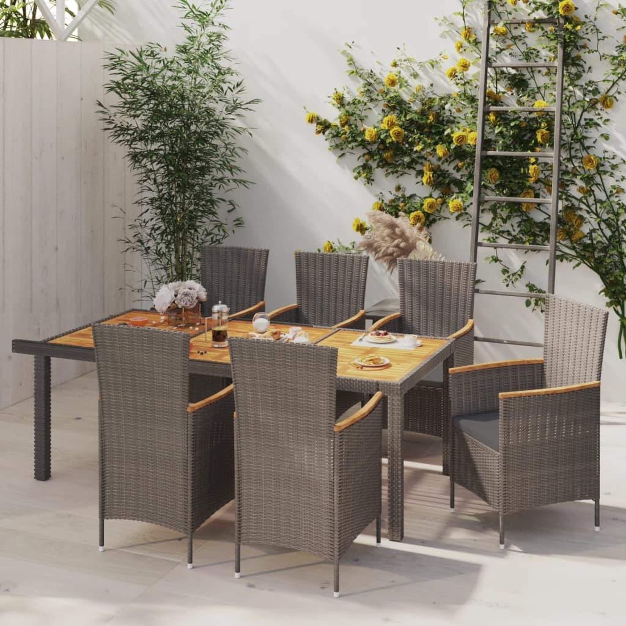 VIDAXL Salon de jardin 7 pcs avec coussins Resine tressee Gris