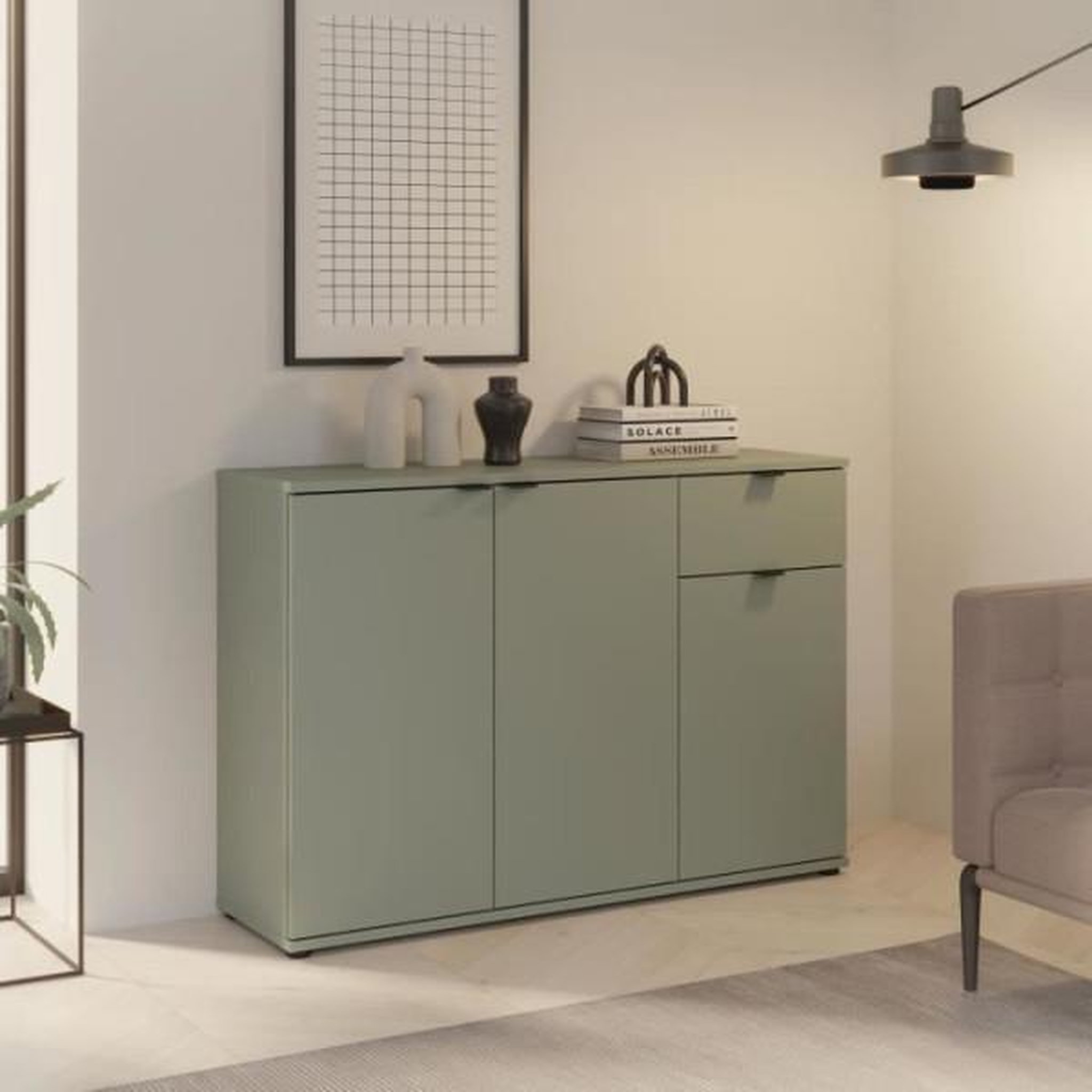 Voir la diapositive 2 : MARKET24 Commode - GANYMEDE - 3 portes - 1 tiroir - Sauge - 119,8 x 34,1 x 82,3 cm