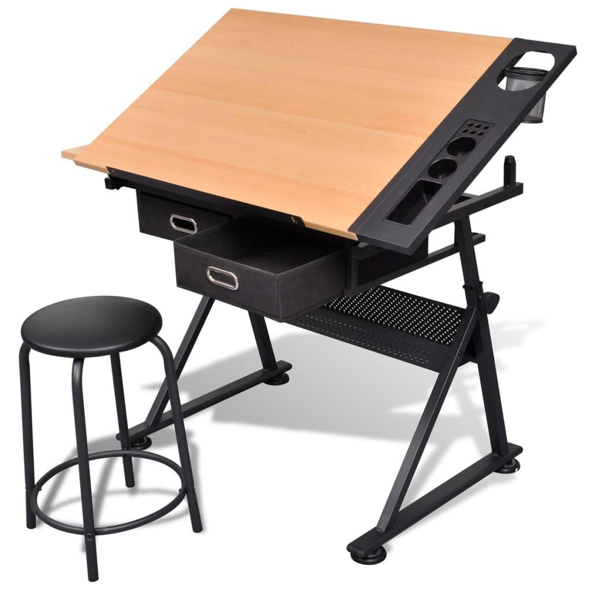 Voir la diapositive 1 : VIDAXL Table a dessin inclinable 2 tiroirs et tabouret
