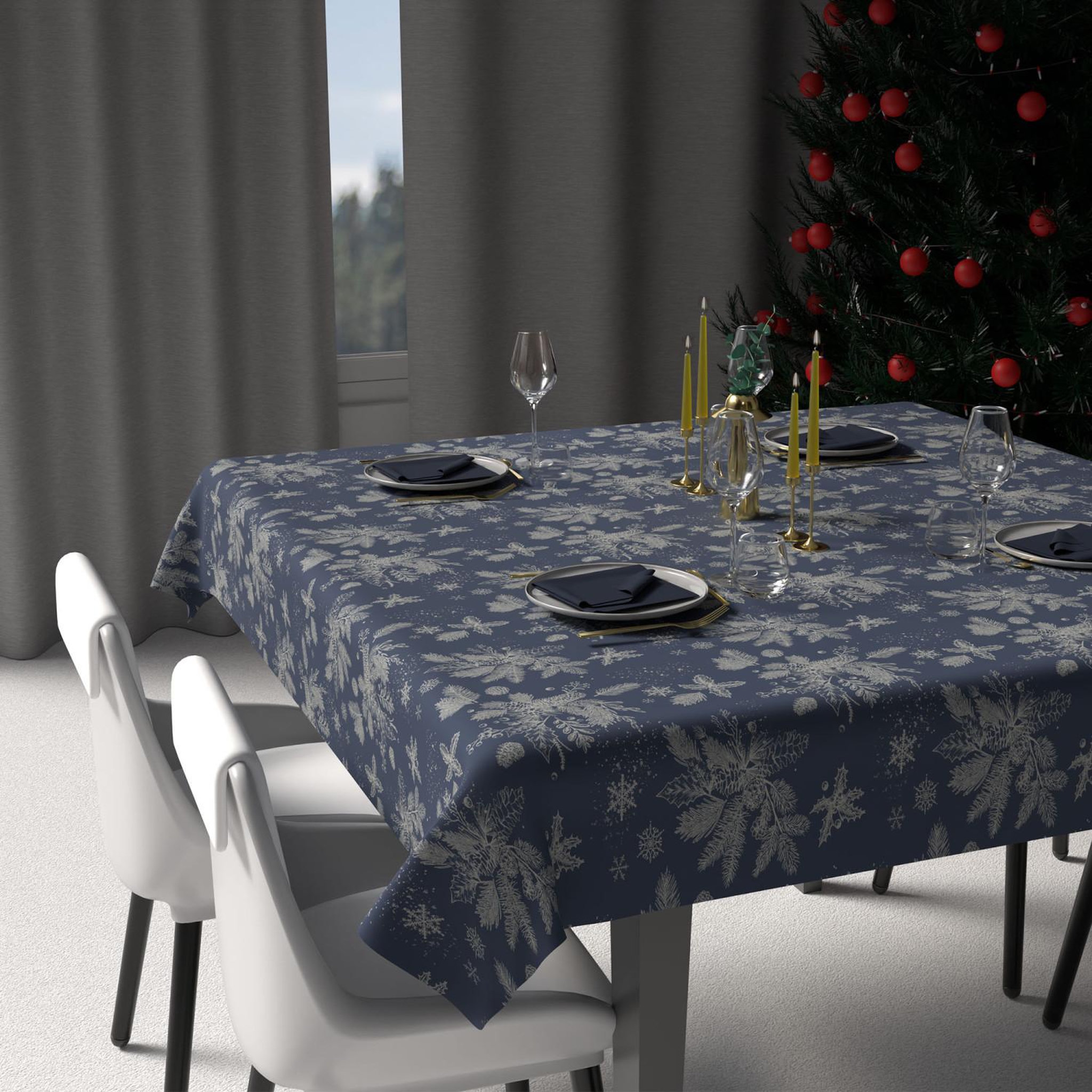 SOLEIL D'OCRE Nappe festive imprimée anti-tâches HOUX, par Soleil d'Ocre. Coloris disponibles : Bleu