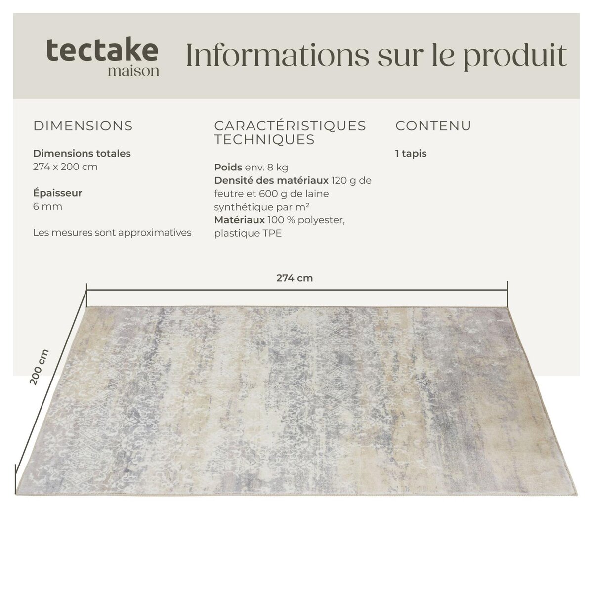 tectake Tapis design vintage à poils courts en laine synthétique et feutre beige 200 x 274 cm