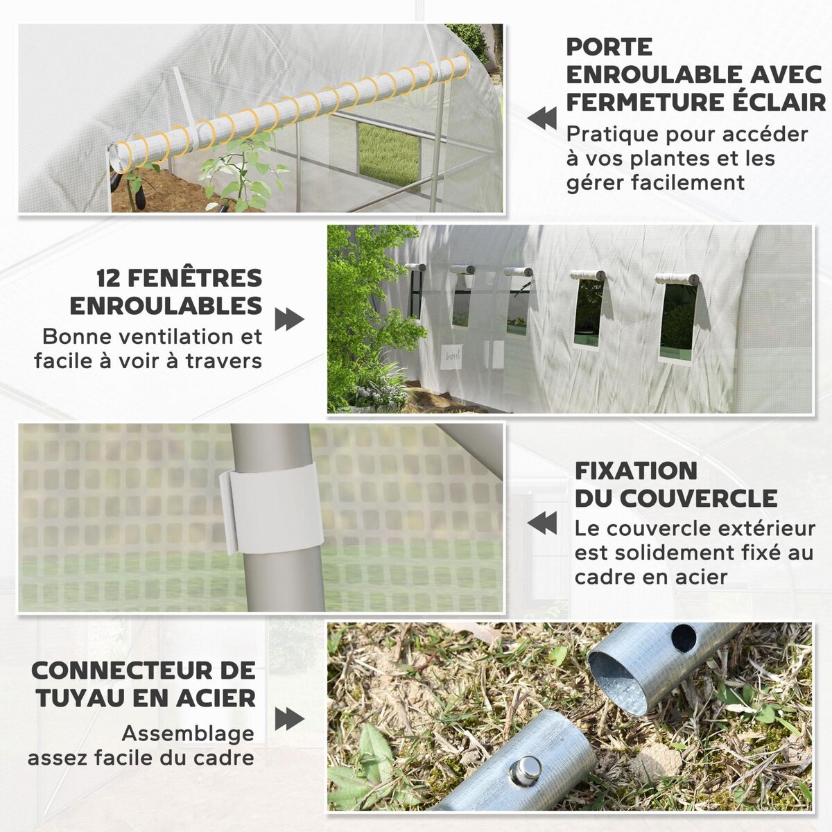 OUTSUNNY Serre tunnel grande taille 24 m² châssis tubulaire acier galvanisé renforcé 2,4 cm 12 fenêtres 1 porte blanc