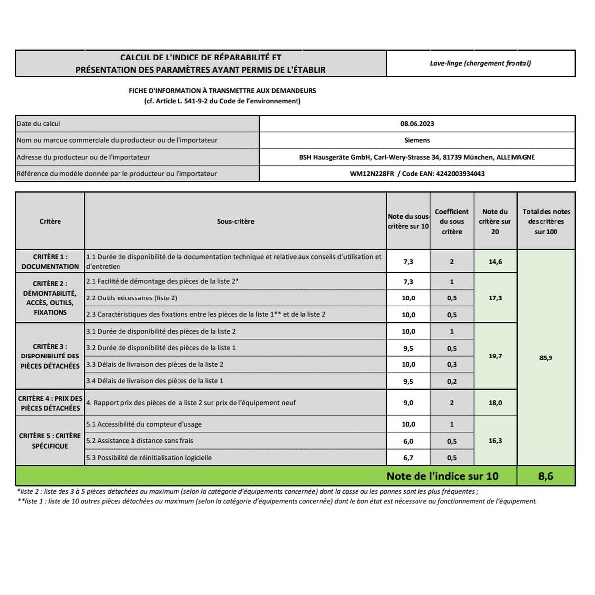 Siemens Lave-linge hublot 8kg 1200 tours/min blanc - WM12N228FR