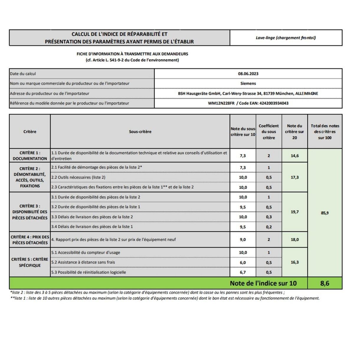 Siemens Lave-linge frontal 8kg 1200 tours/min blanc - WM12N228FR