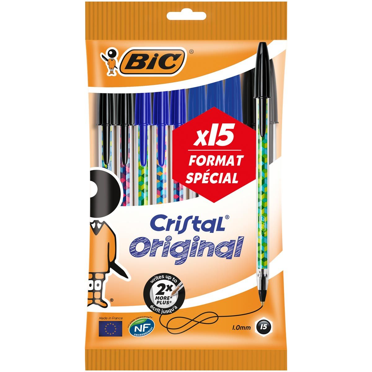 BIC Stylos-bille pointe moyenne bleu/noir/rouge/vert CRISTAL ORIGINAL et COLLECTION (lot de 15)