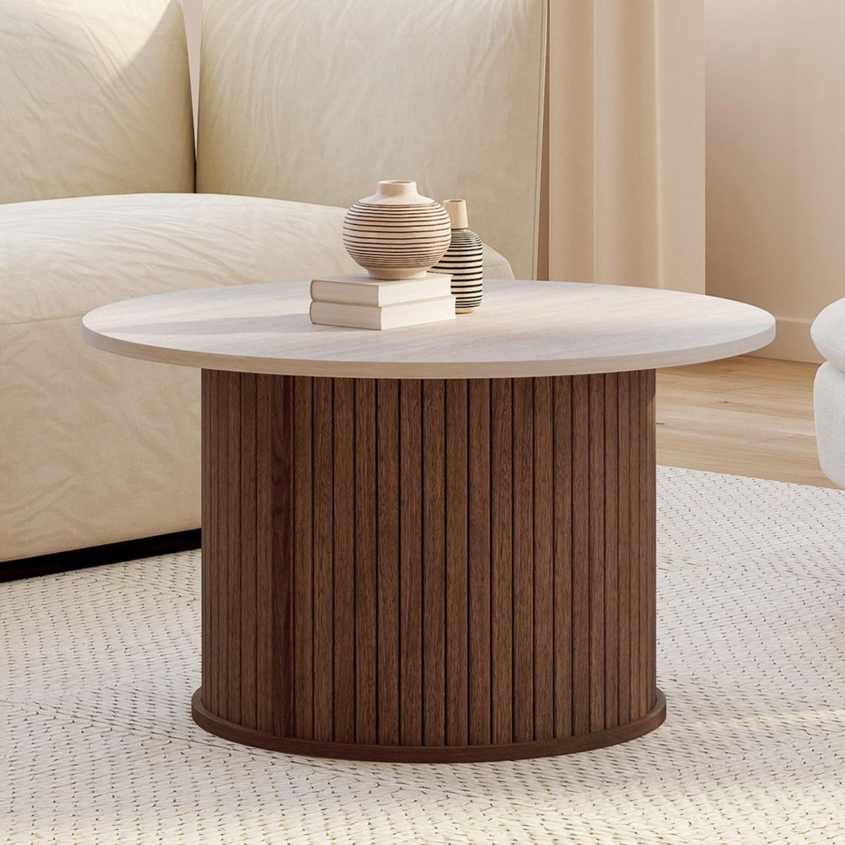 ID MARKET Table basse ronde JULIETTE 70 cm lattes effet noyer et plateau travertin