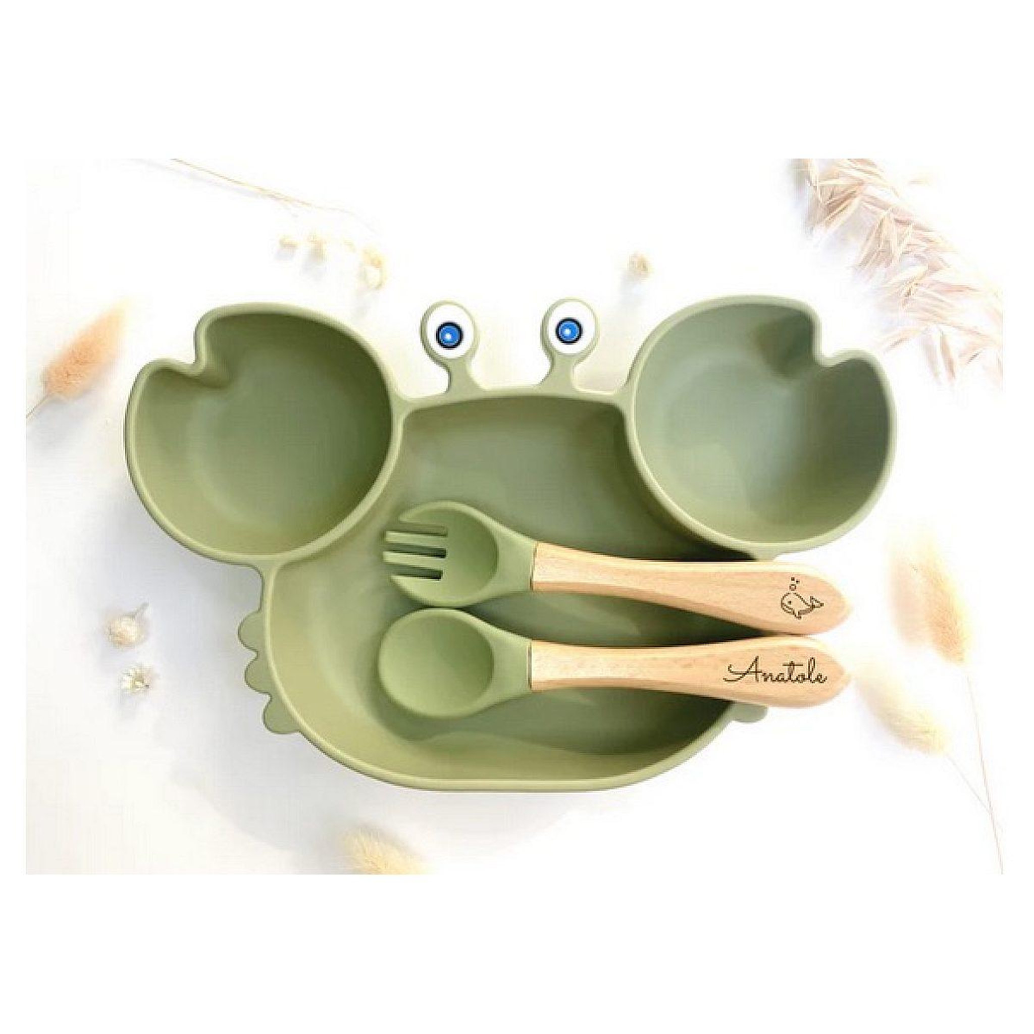 LES PETITS CITRONS Set repas et couverts en forme de crabe pour enfant - olive