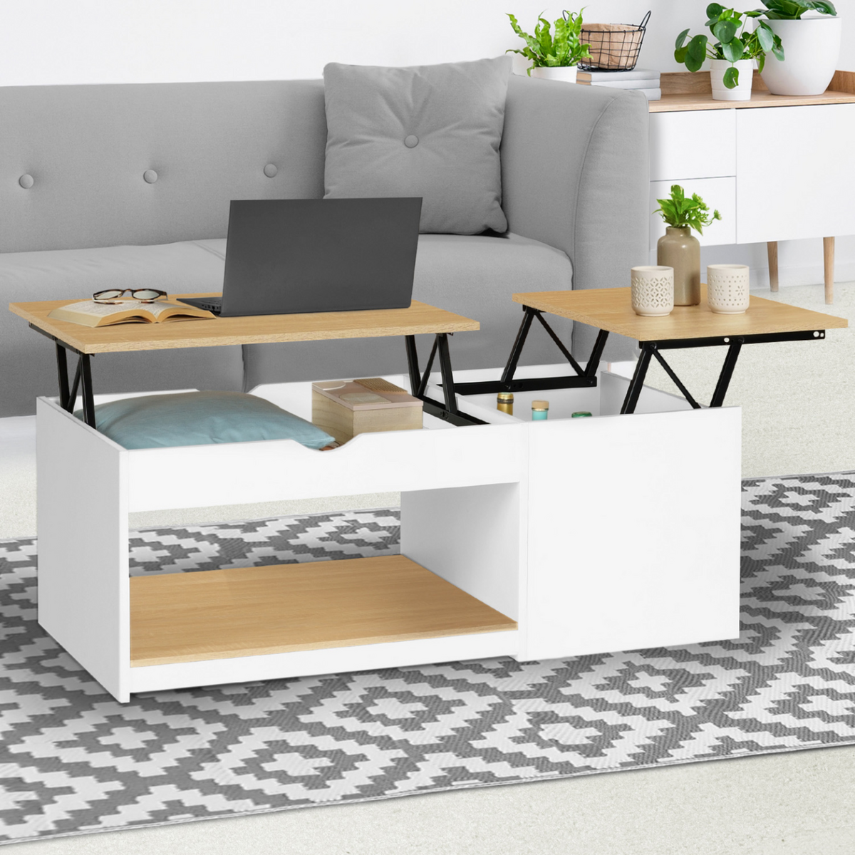 ID MARKET Table basse 2 plateaux relevables EYLA avec coffre bois blanc et façon hêtre