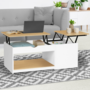 Voir la diapositive 2 : ID MARKET Table basse 2 plateaux relevables EYLA avec coffre bois blanc et façon hêtre